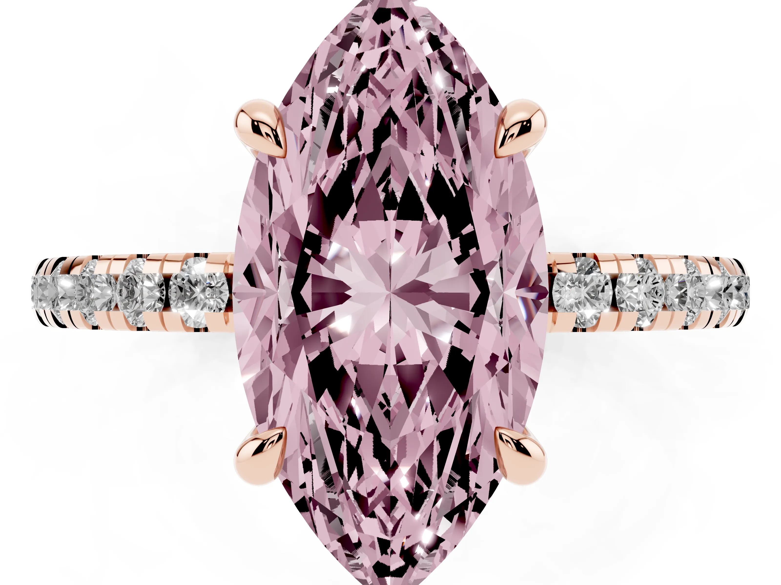 Fancy Pink Marquise Cut Diamond Brilliant Solitaire Ring Set in Rose gold with Pavé Band and Prong Setting
