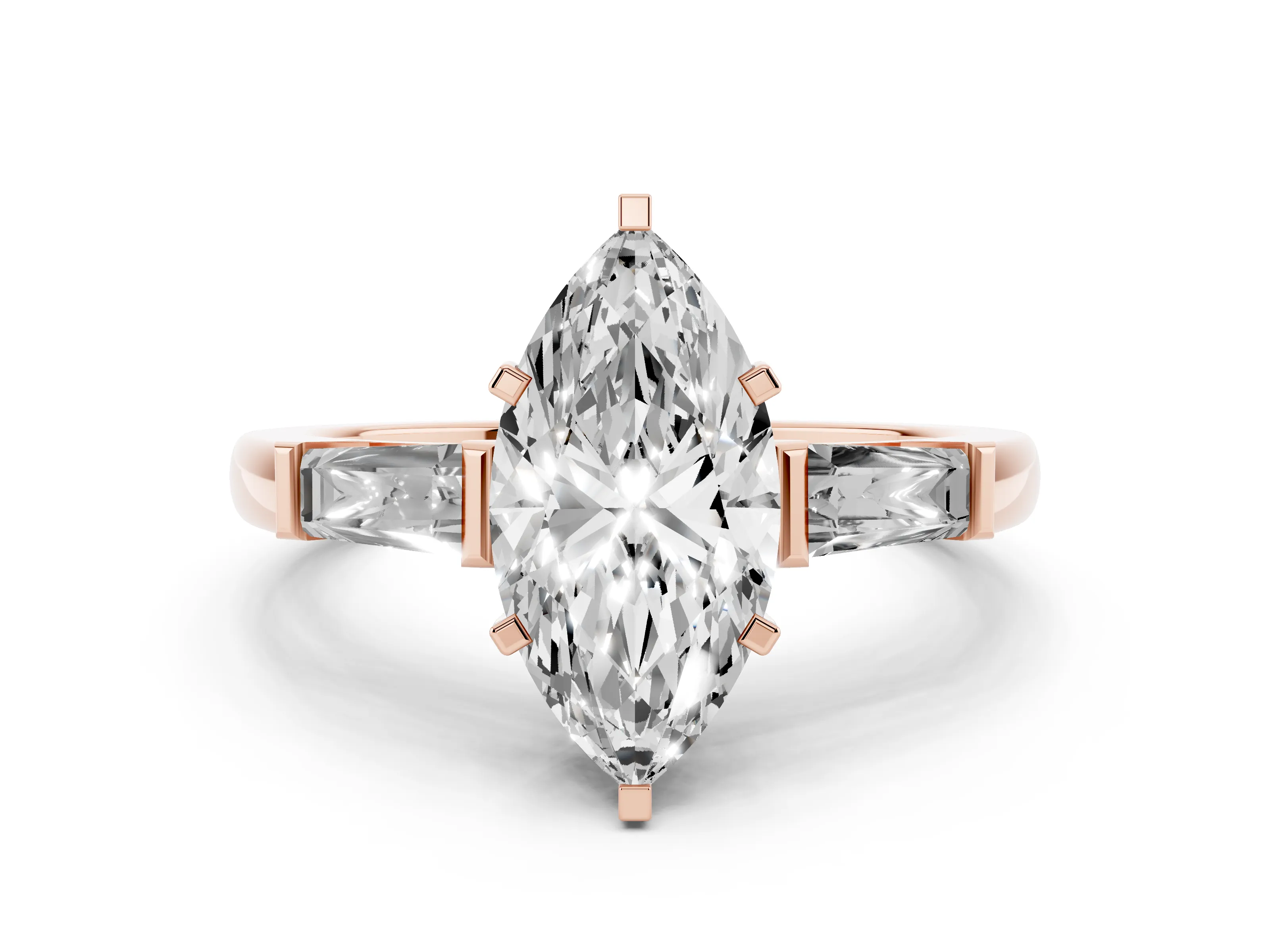 Marquise Cut Diamond Solitaire Ring Set in Rose gold with Tapered Baguette Side Stones and Prong Setting