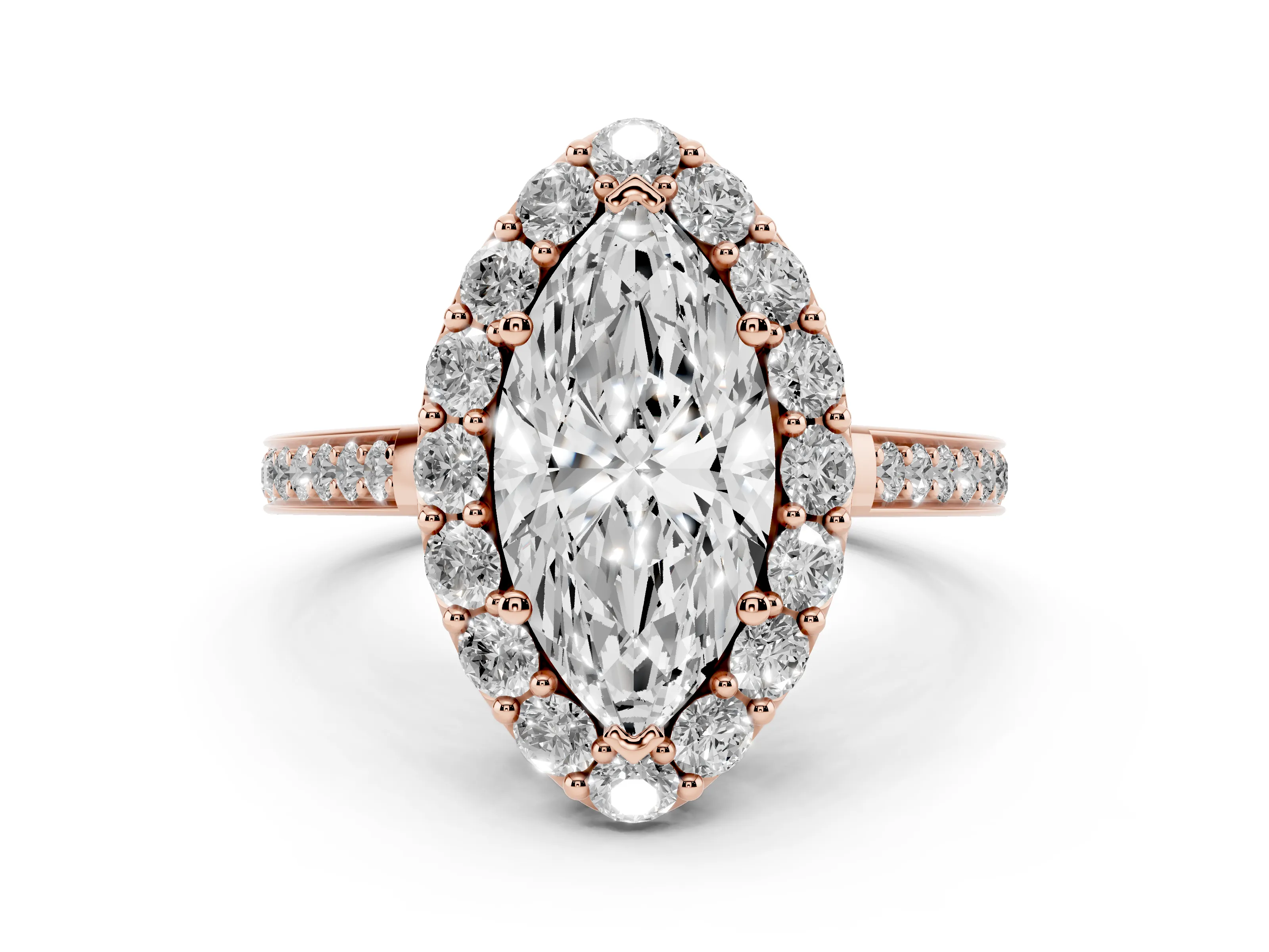 Marquise Cut Diamond Floral Halo Ring Set in Rose gold with Pavé Band and Prong Setting