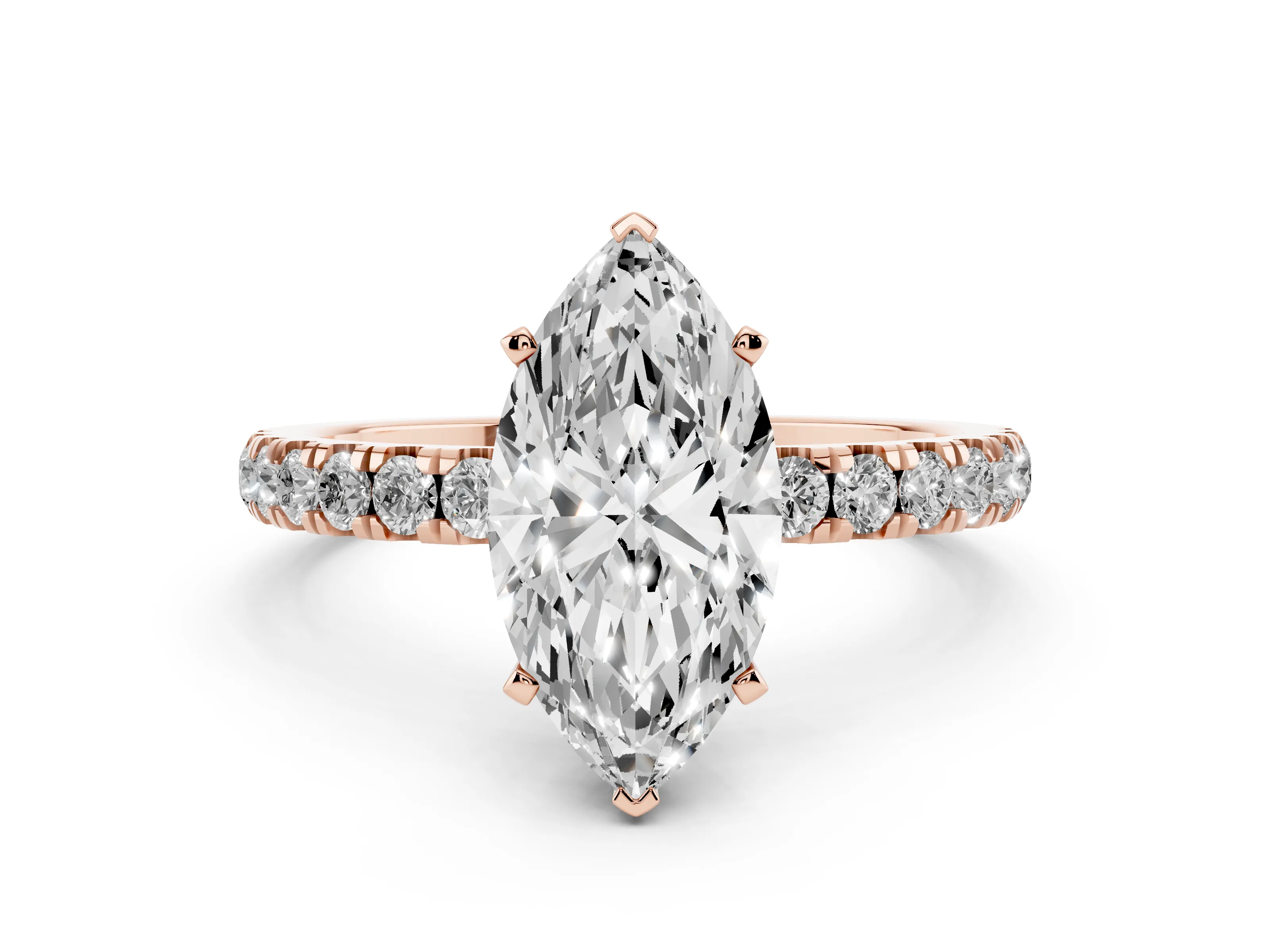 Marquise Cut Diamond Solitaire Ring Set in Rose gold with Pavé Accents and Prong Setting