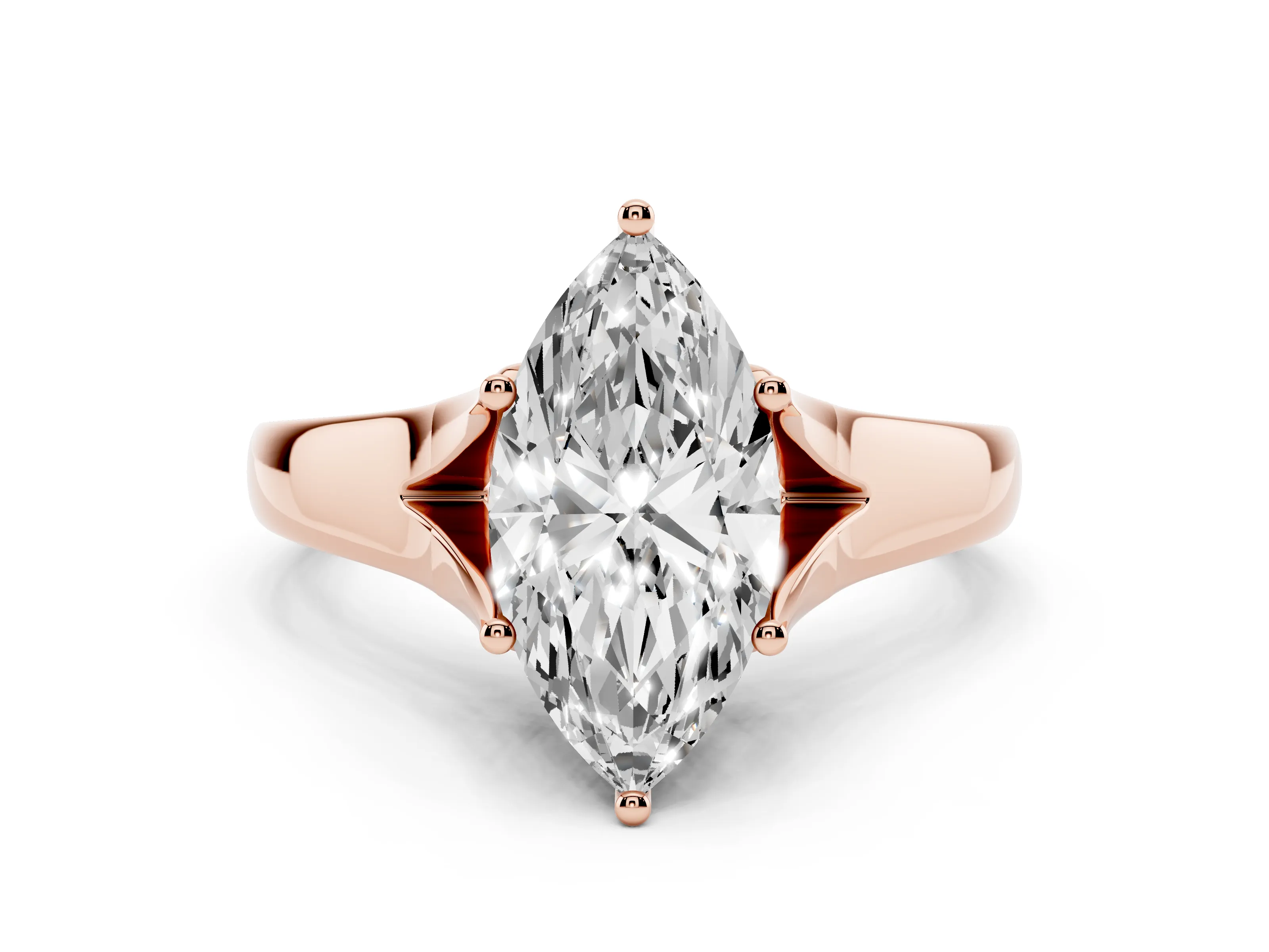 Marquise Cut Diamond Solitaire Ring Set in Rose gold with Arched Cathedral Band and Prong Setting