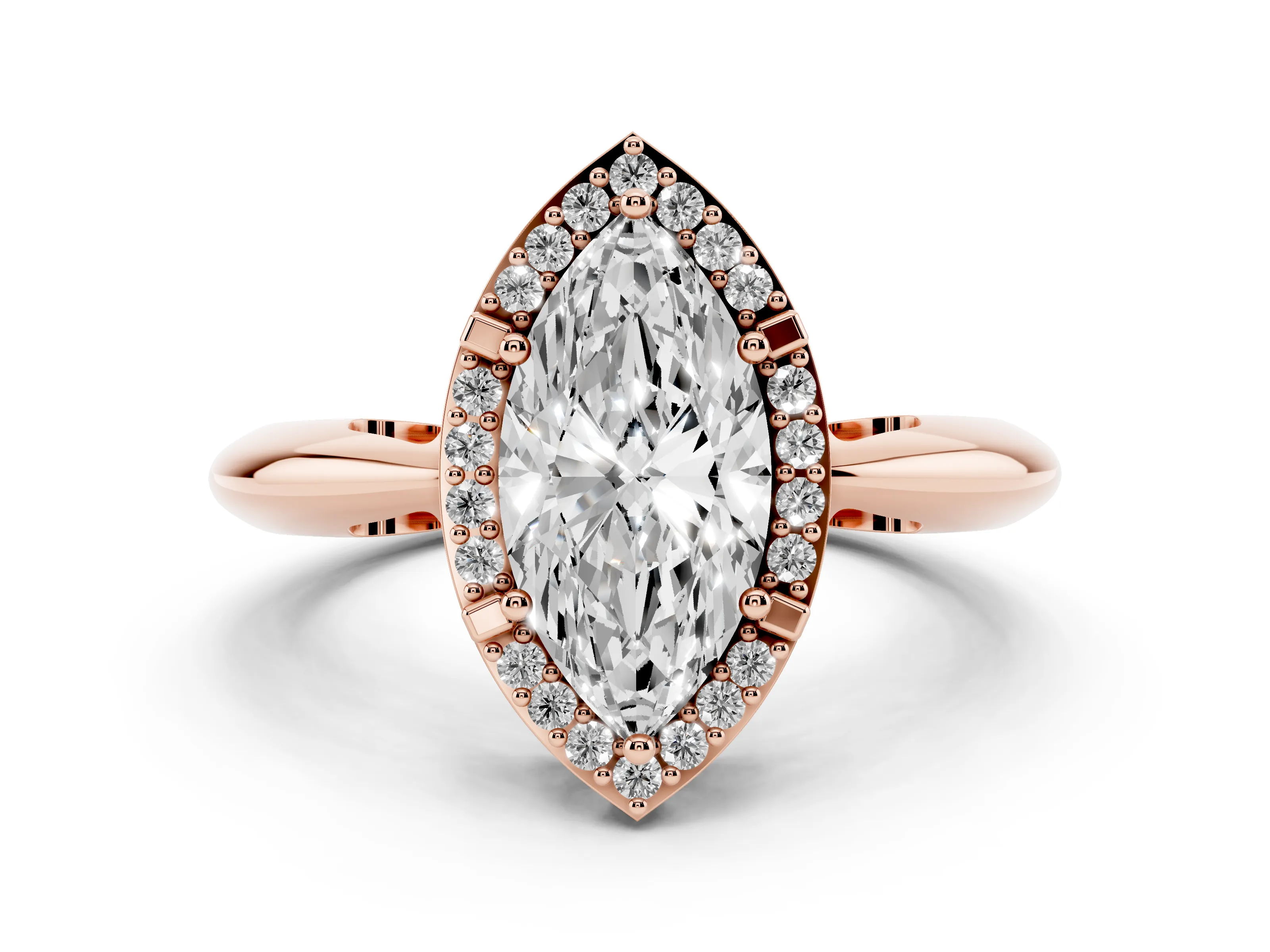 Marquise Cut Diamond Halo Engagement Ring Set in Rose gold with Plain Split Shank and Prong Setting