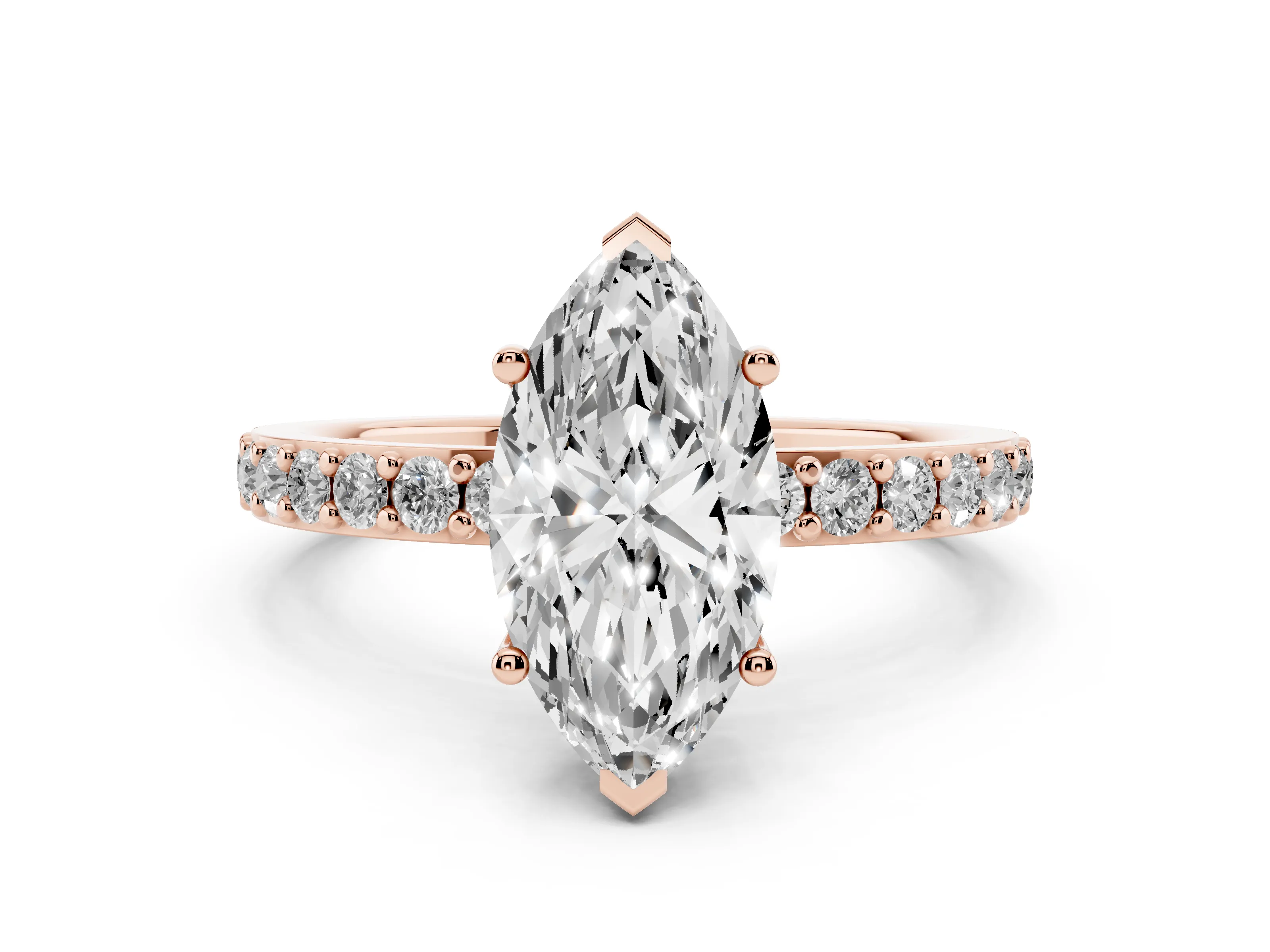 Marquise Cut Diamond Solitaire Set in Rose gold with Round Pavé Band and Prong Setting