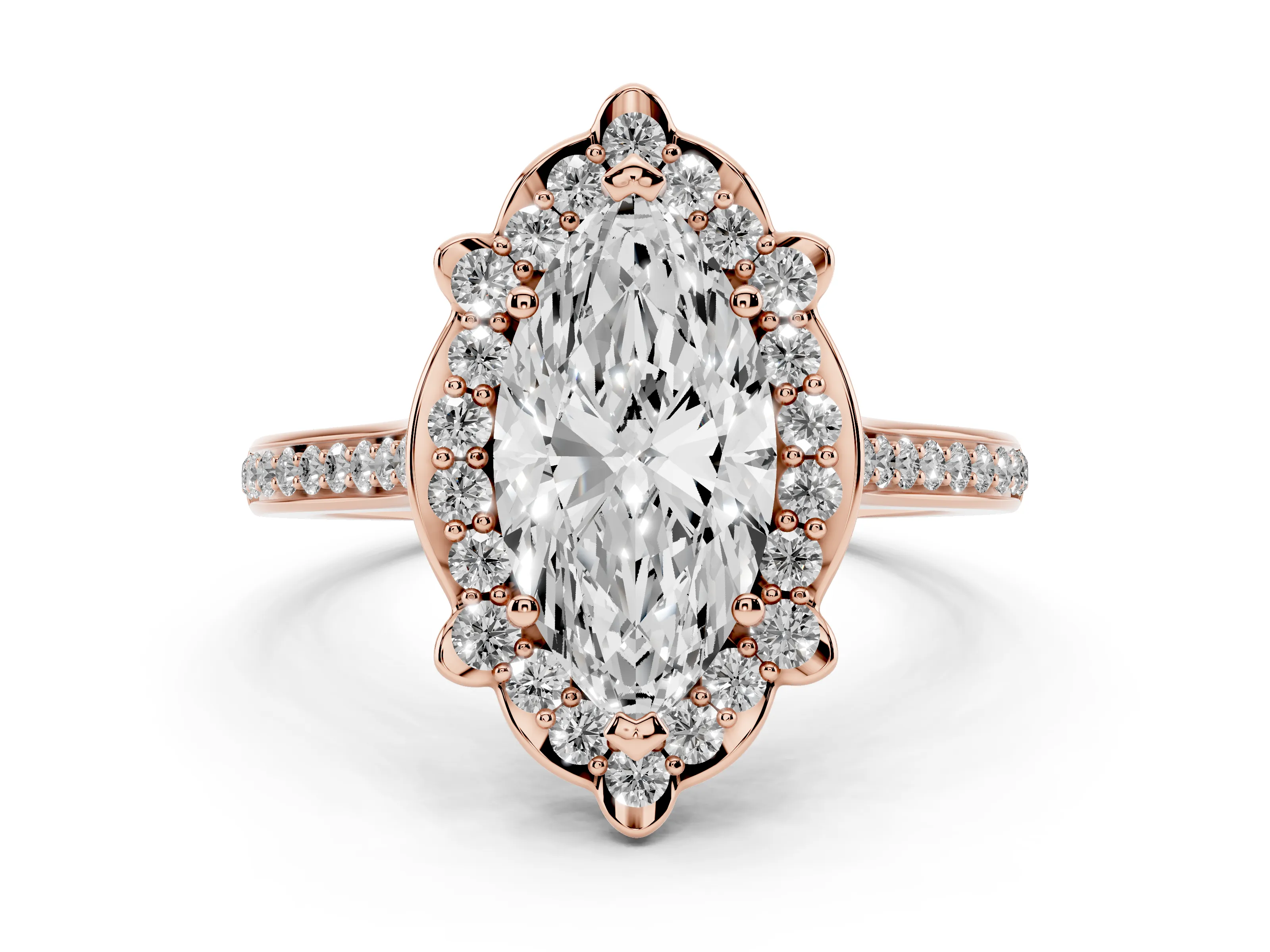 Marquise Cut Diamond Halo Ring Set in Rose gold with Pavé-Lined Shoulders and Prong Setting