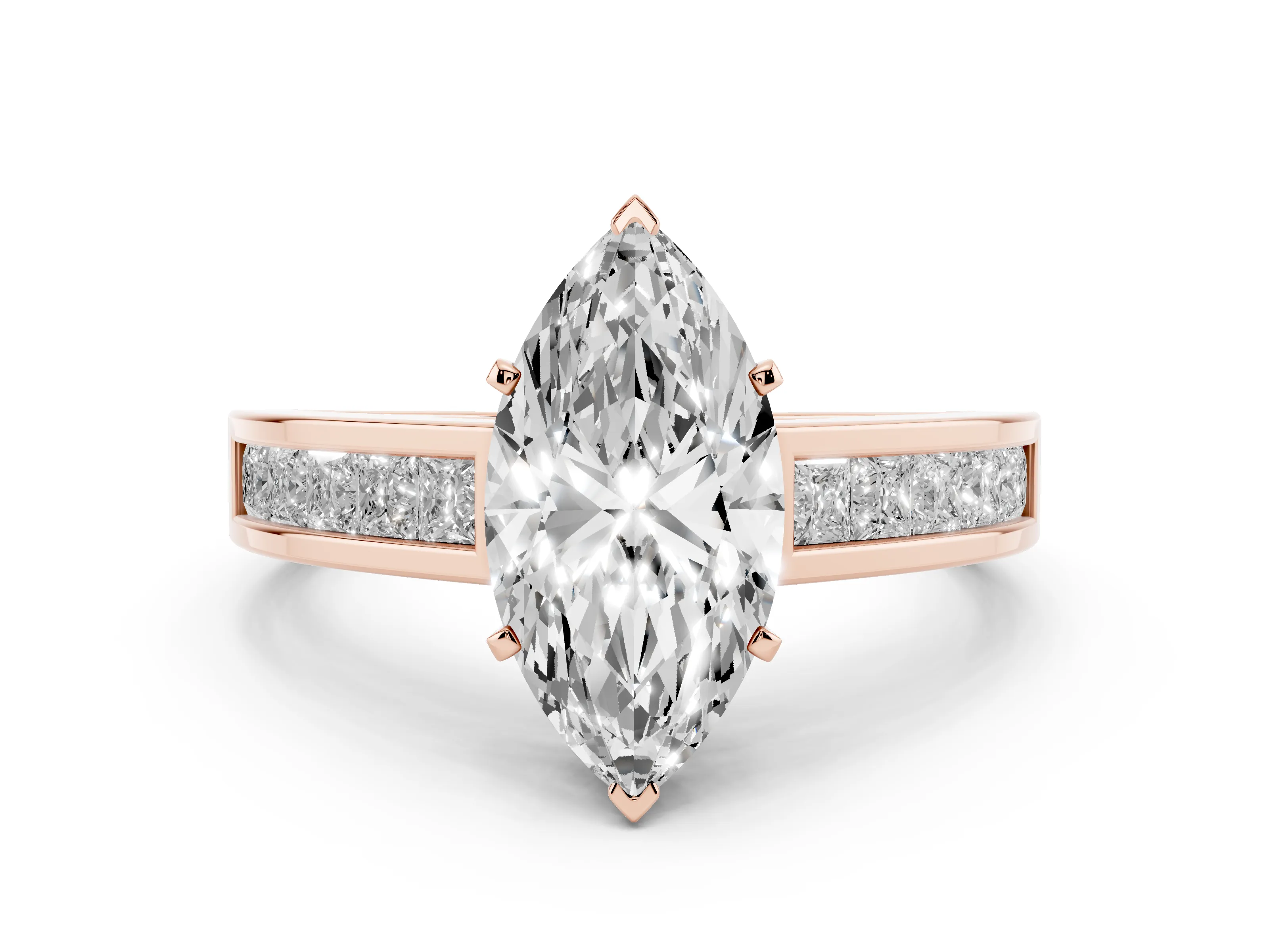 Marquise Cut Diamond Solitaire Ring Set in Rose gold with Channel-Set Band and Prong Setting