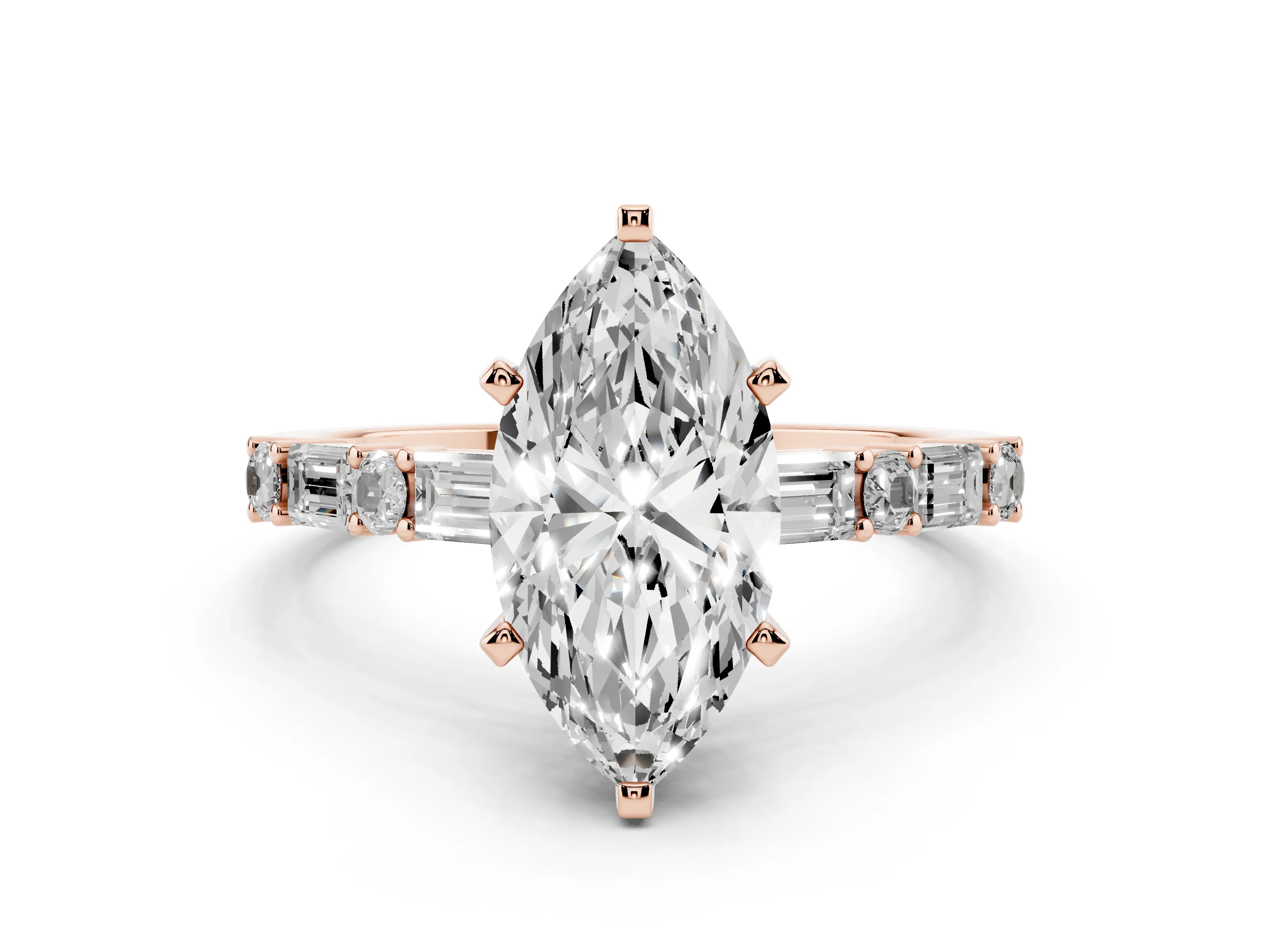 Marquise Cut Diamond Solitaire Set in Rose gold with Side Baguettes and Channel Set Band