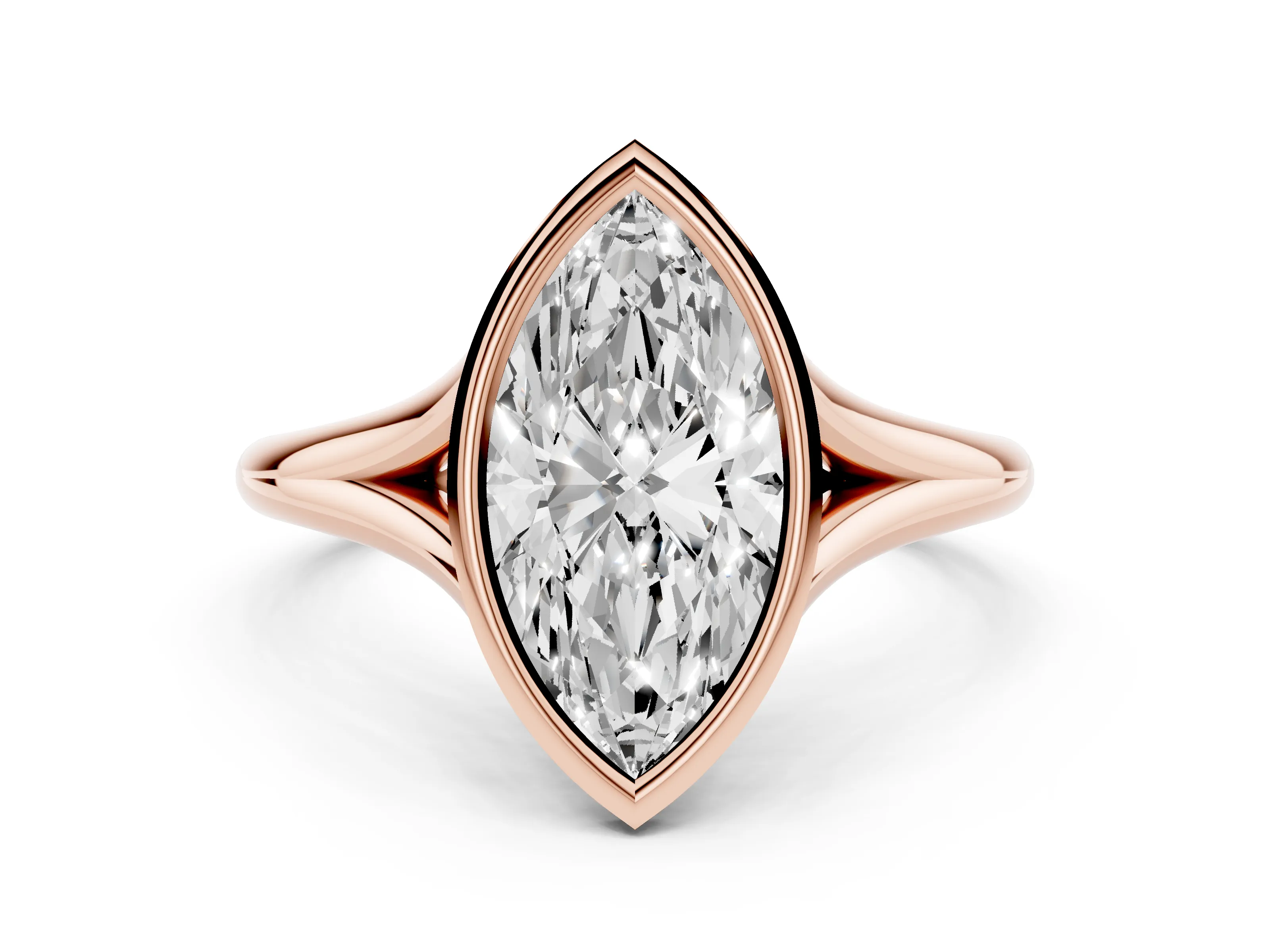 Bezel Set Marquise Cut Diamond Solitaire Ring Set in Rose gold with Tapered Band