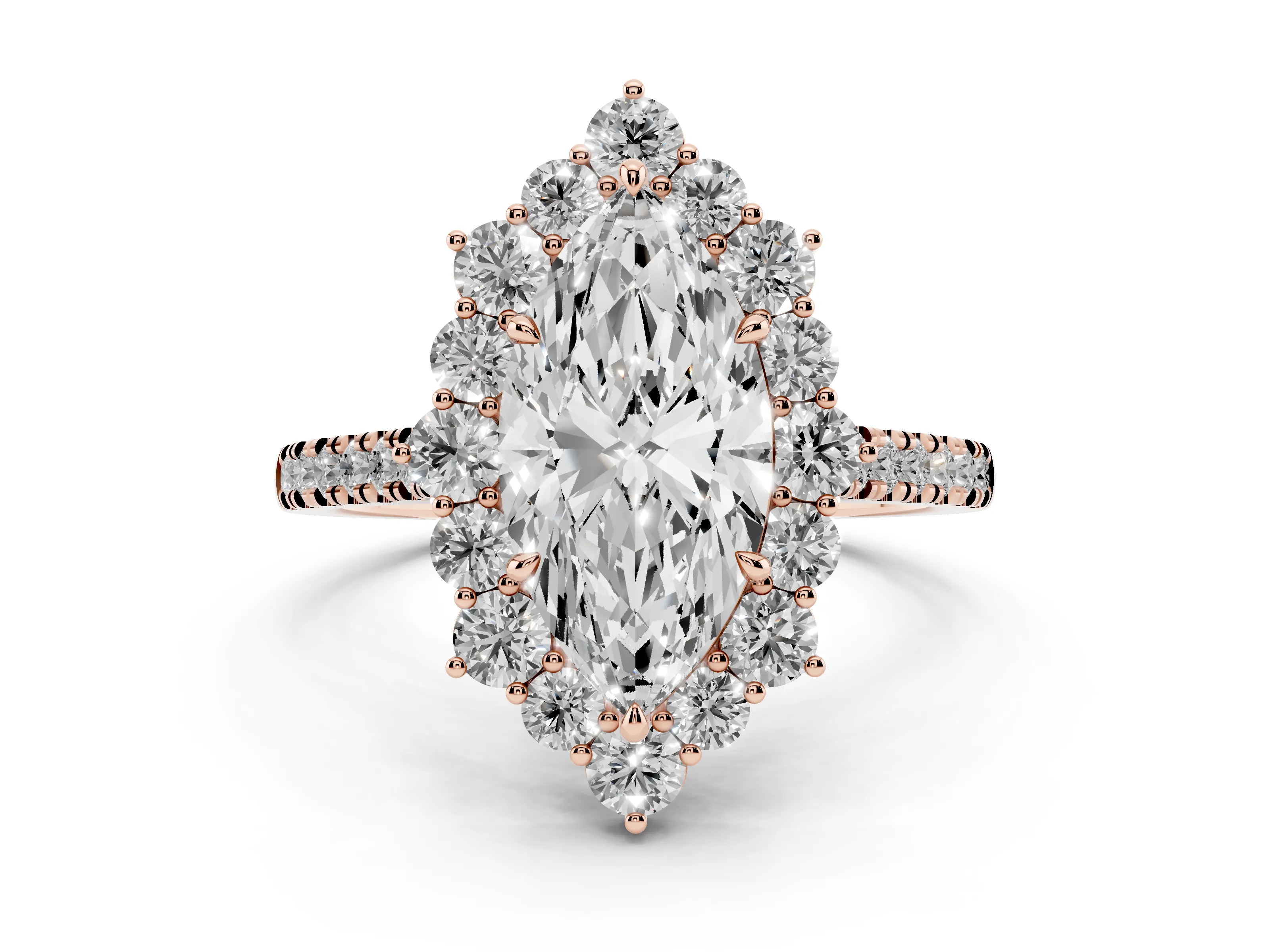 Marquise Cut Diamond Halo Ring Set in Rose gold with Pavé Band and Prong Setting