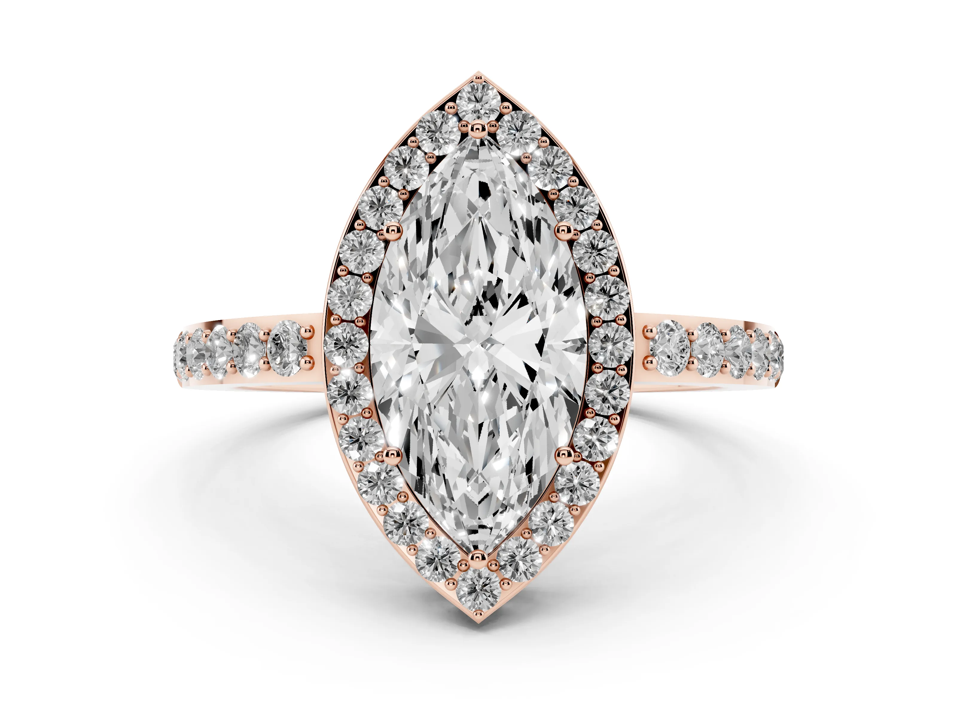 Marquise Cut Diamond Halo Ring Set in Rose gold with Pavé-Setting Band and Open Prong Center
