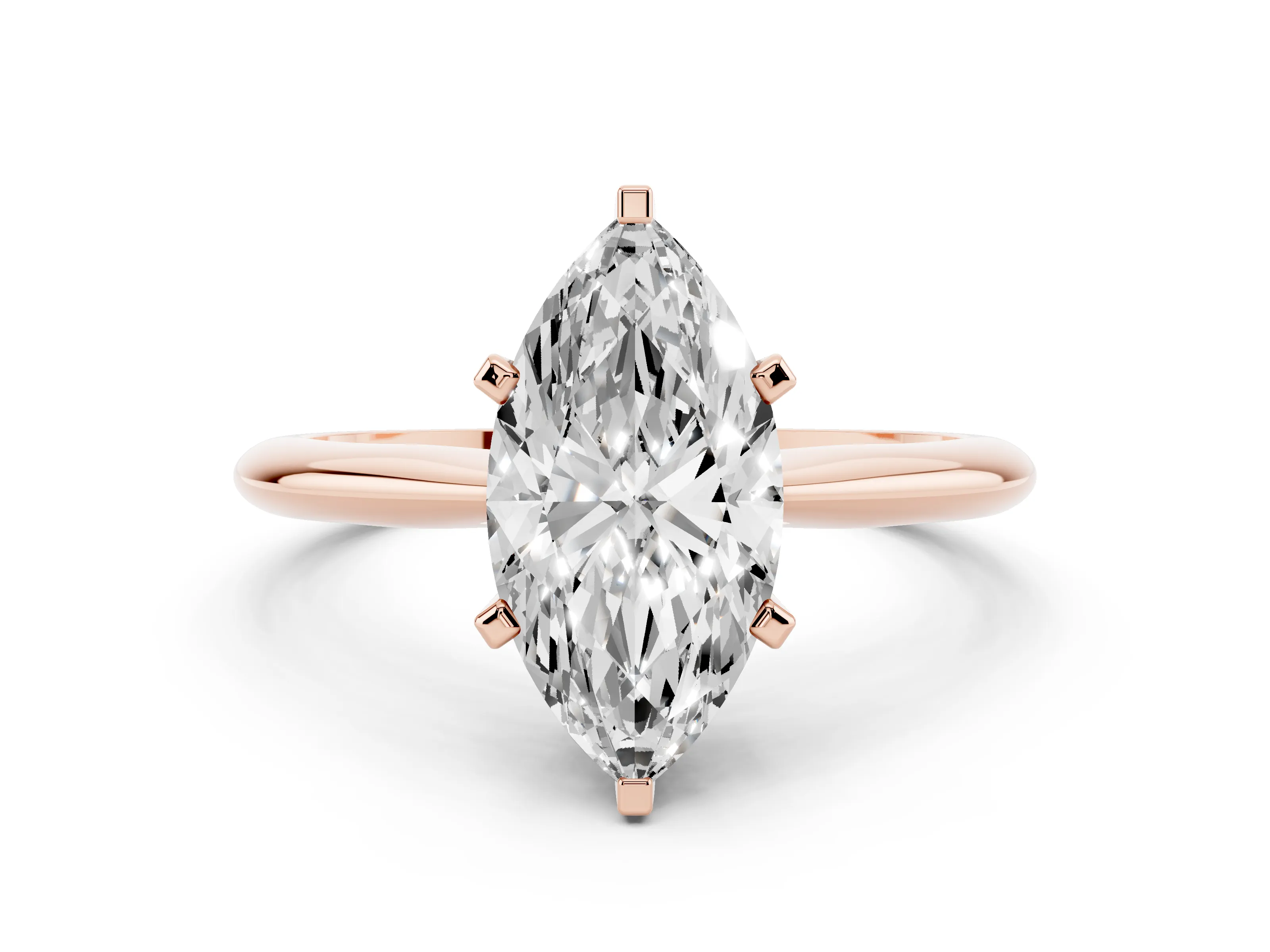 Marquise Cut Diamond Solitaire Ring Set in Rose gold with Prong Setting on a Plain Round Band