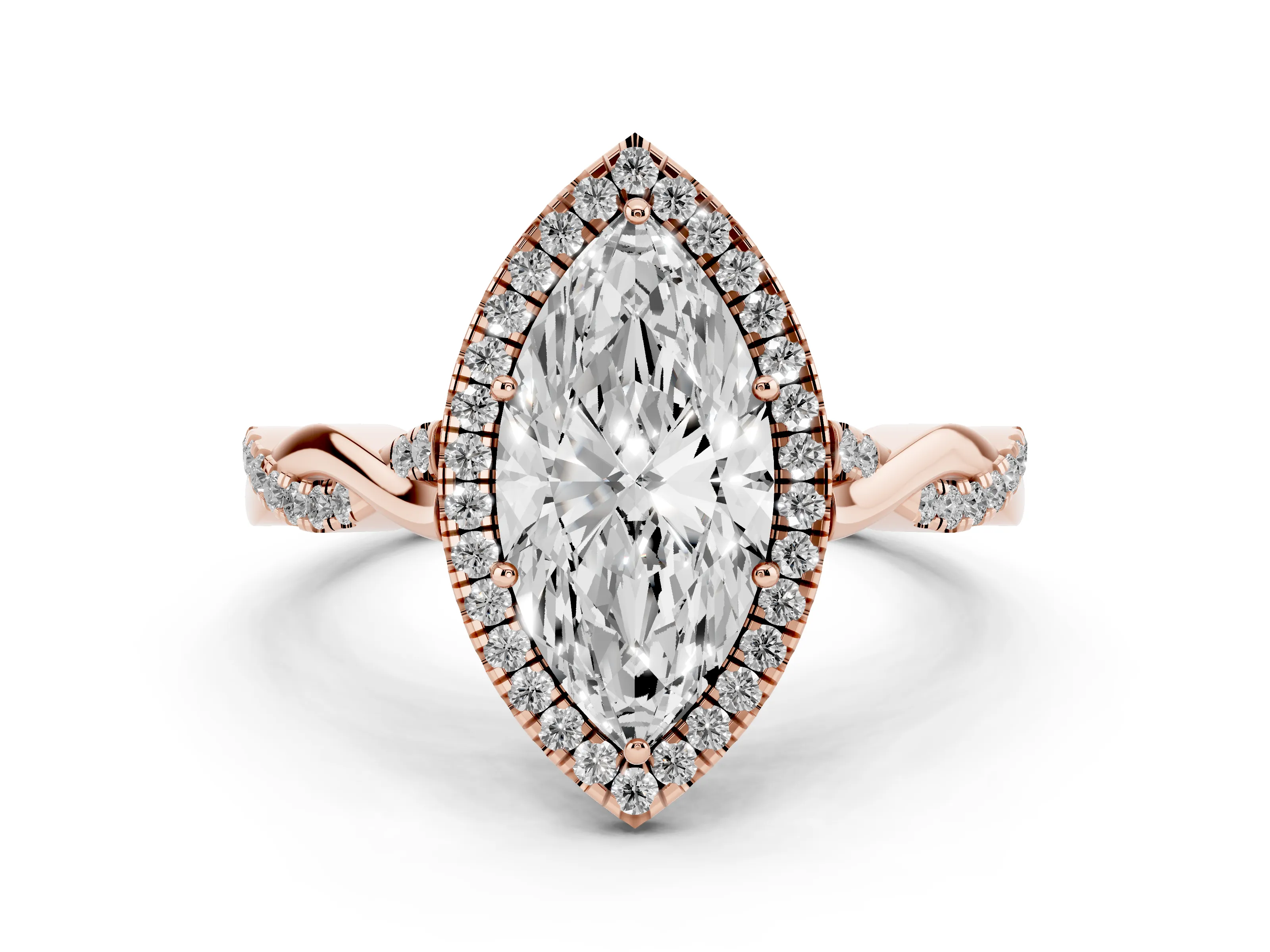 Marquise Cut Diamond Halo Twist Band Solitaire Ring Set in Rose gold with Prong Setting