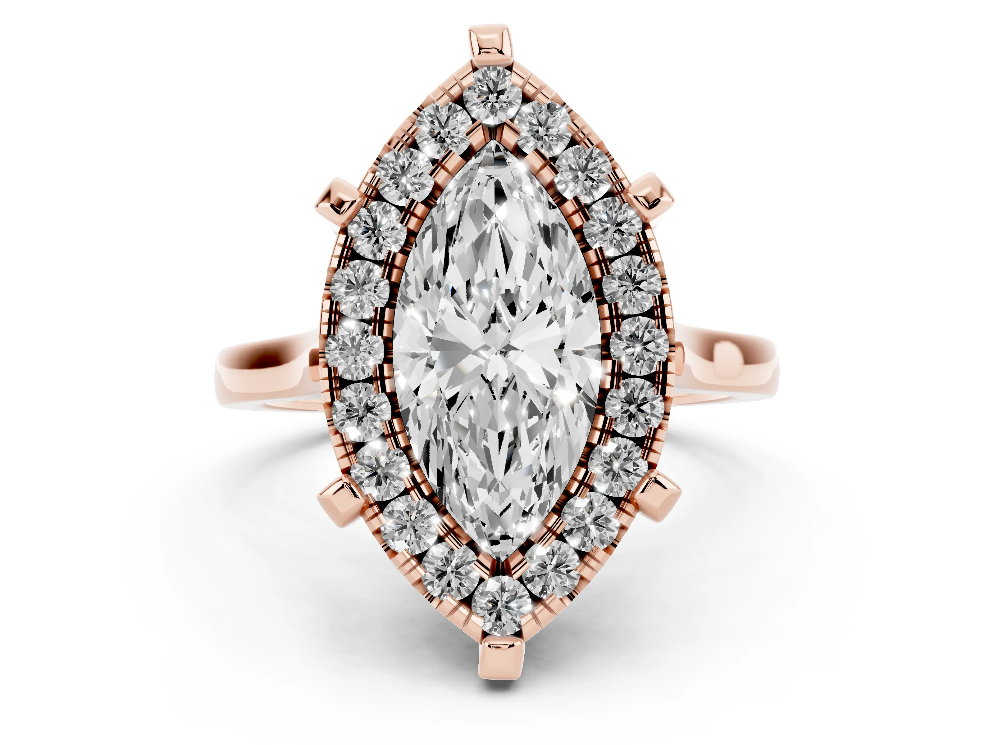 Marquise Cut Diamond Cluster Halo Solitaire Ring Set in Rose gold with Prong Setting
