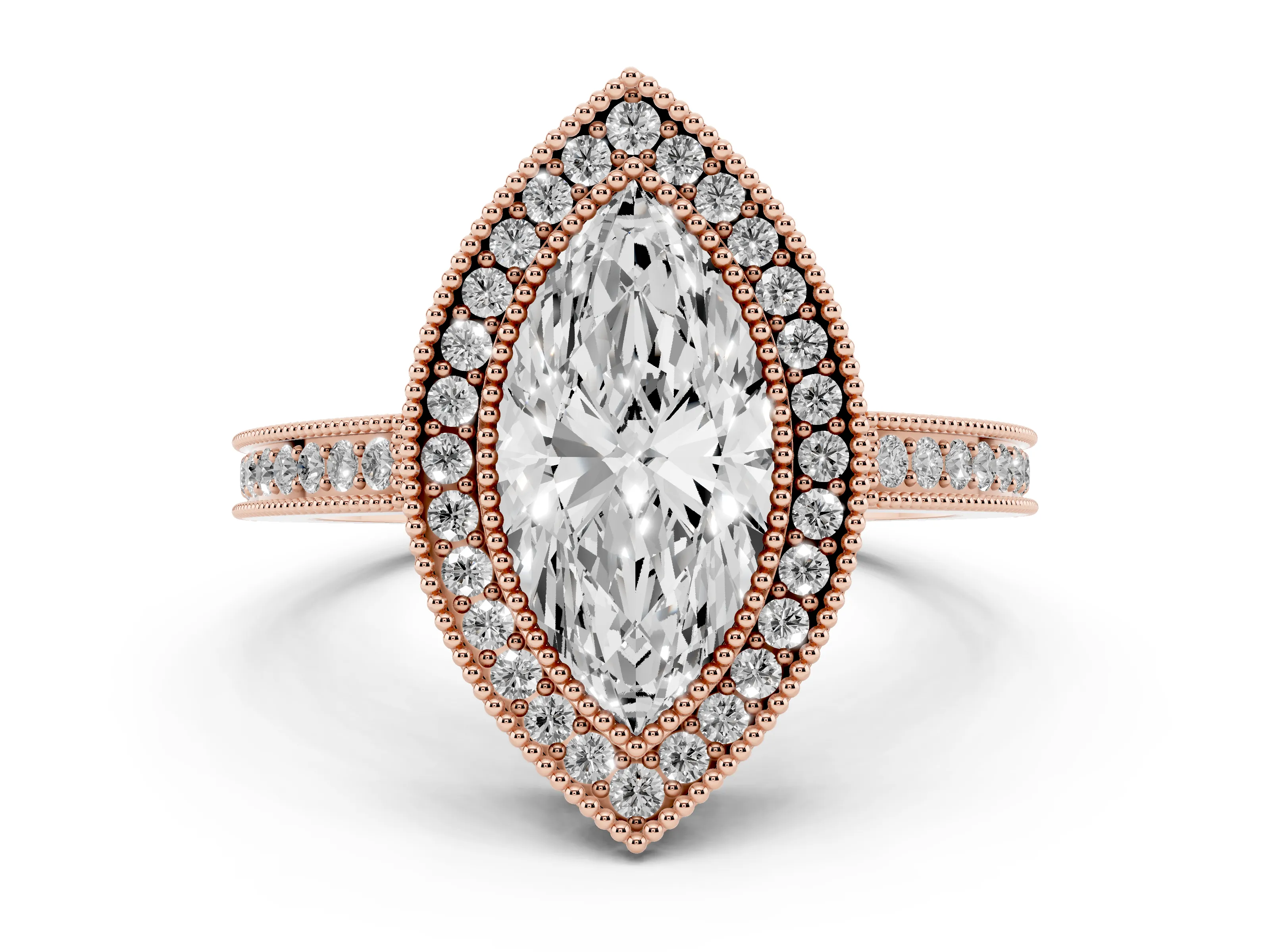 Marquise Cut Diamond Halo Ring Set in Rose gold with Pavé Band and Milgrain-Edged Prongs