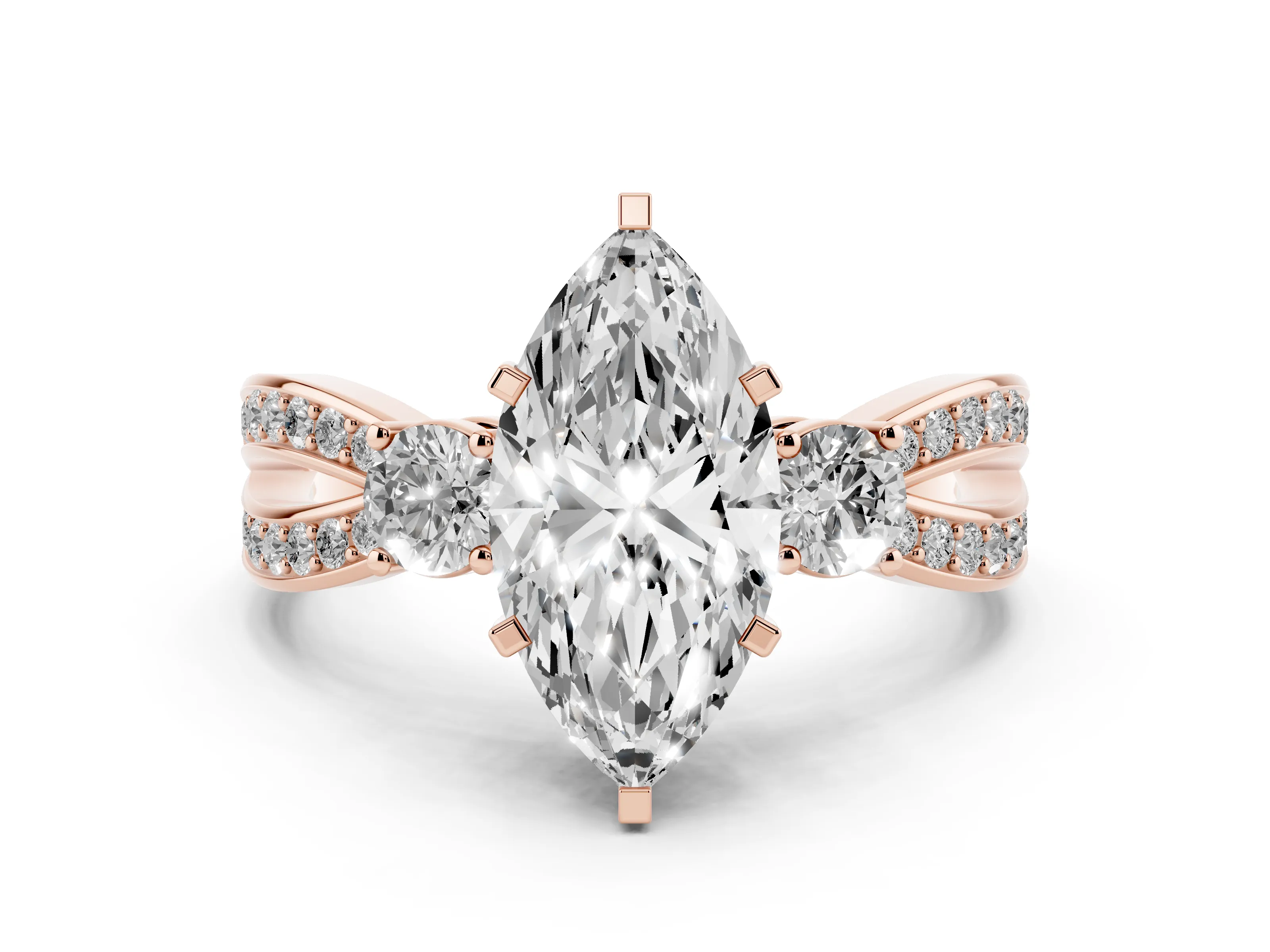 Three-Stone Marquise Cut Diamond Twist Band Ring Set in Rose gold with Pavé Accents and Prong Setting