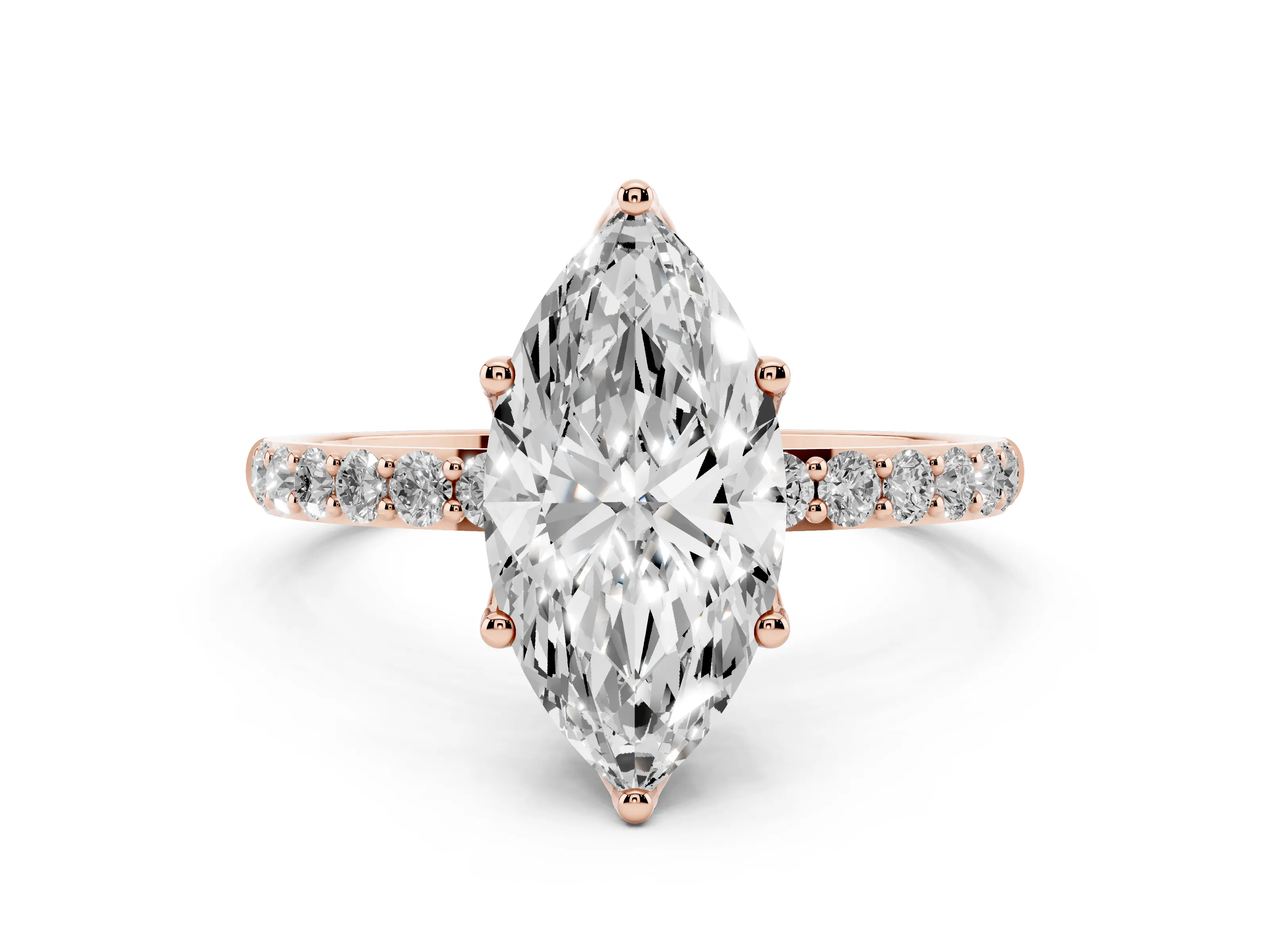 Marquise Cut Diamond Solitaire Engagement Ring Set in Rose gold with Round Pavé Band and Prong Setting