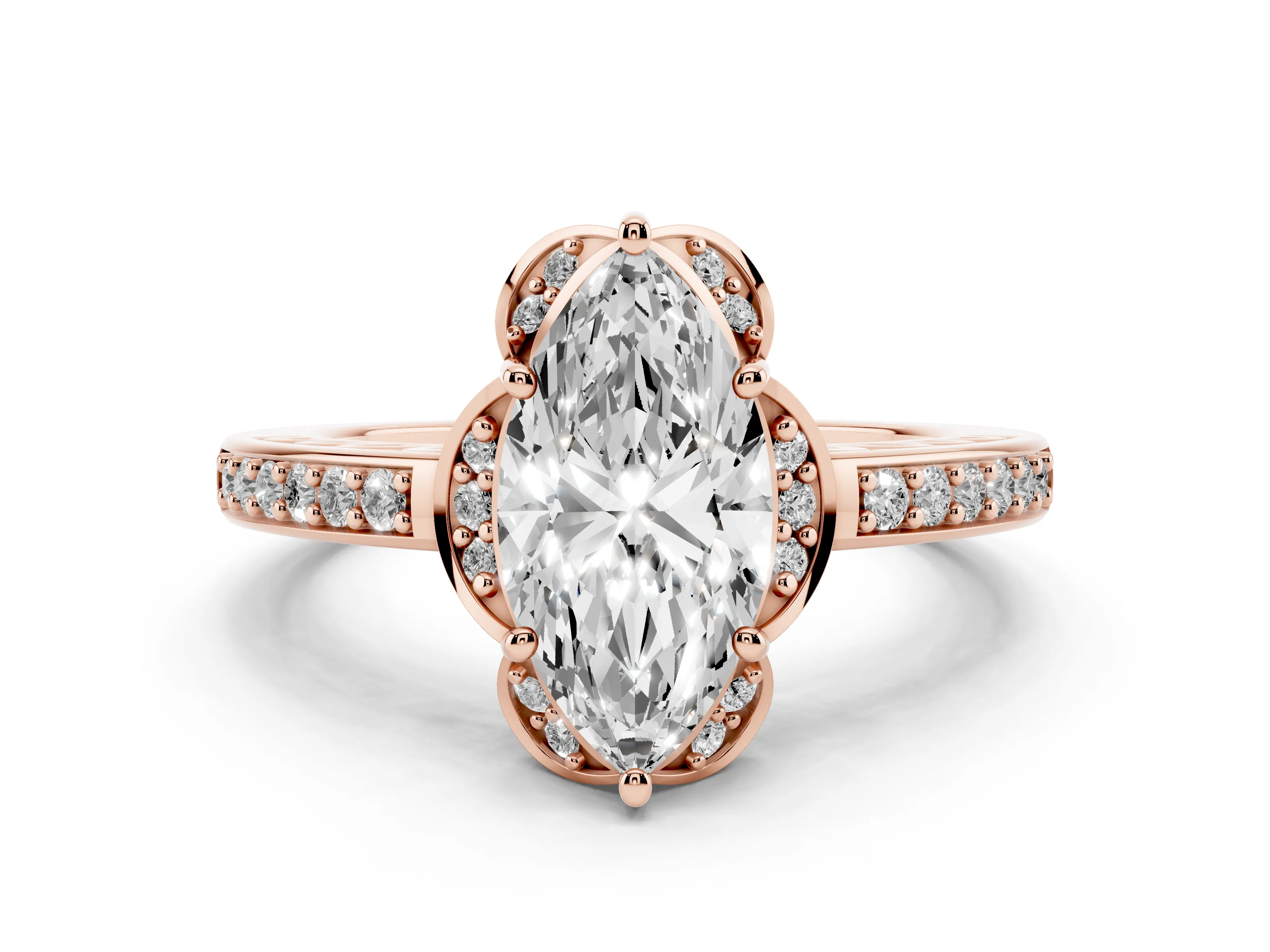 Marquise Cut Diamond Halo Ring Set in Rose gold with Channel Set Band and Prong Setting