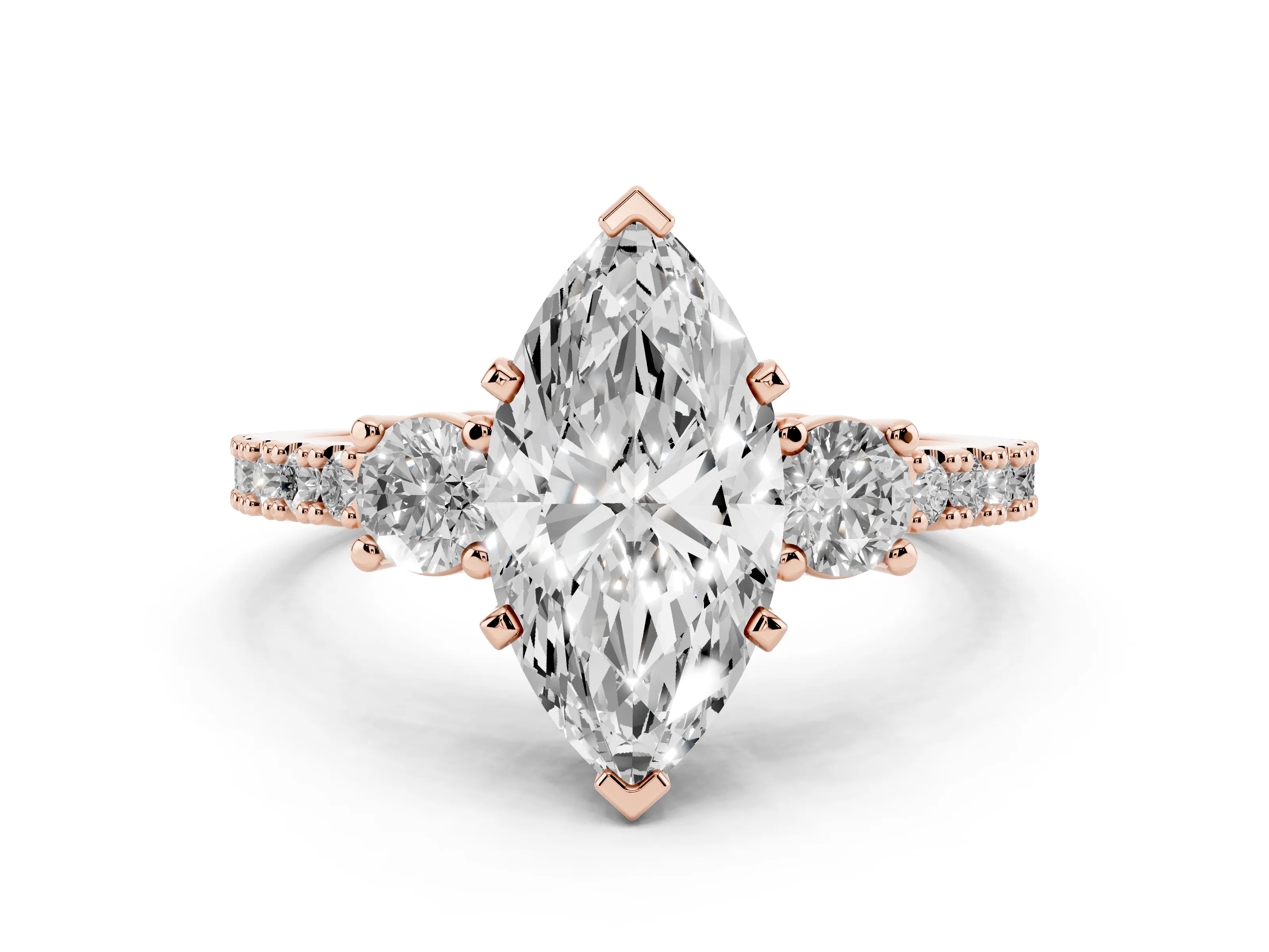 Three-Stone Marquise Cut Diamond Pavé Band Ring Set in Rose gold with Prong Setting