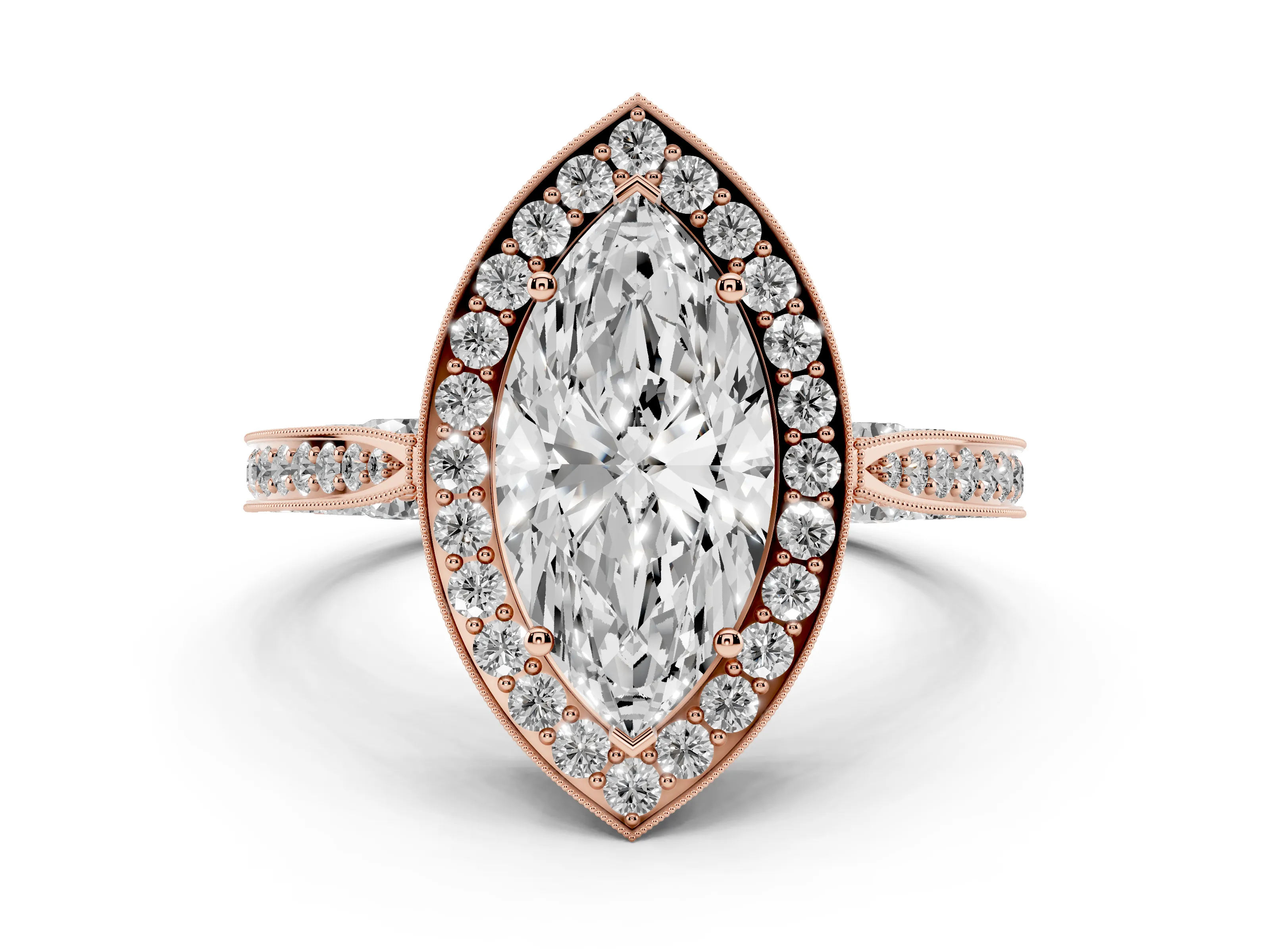 Marquise Cut Diamond Halo Engagement Ring Set in Rose gold with Accent Split Shank Band