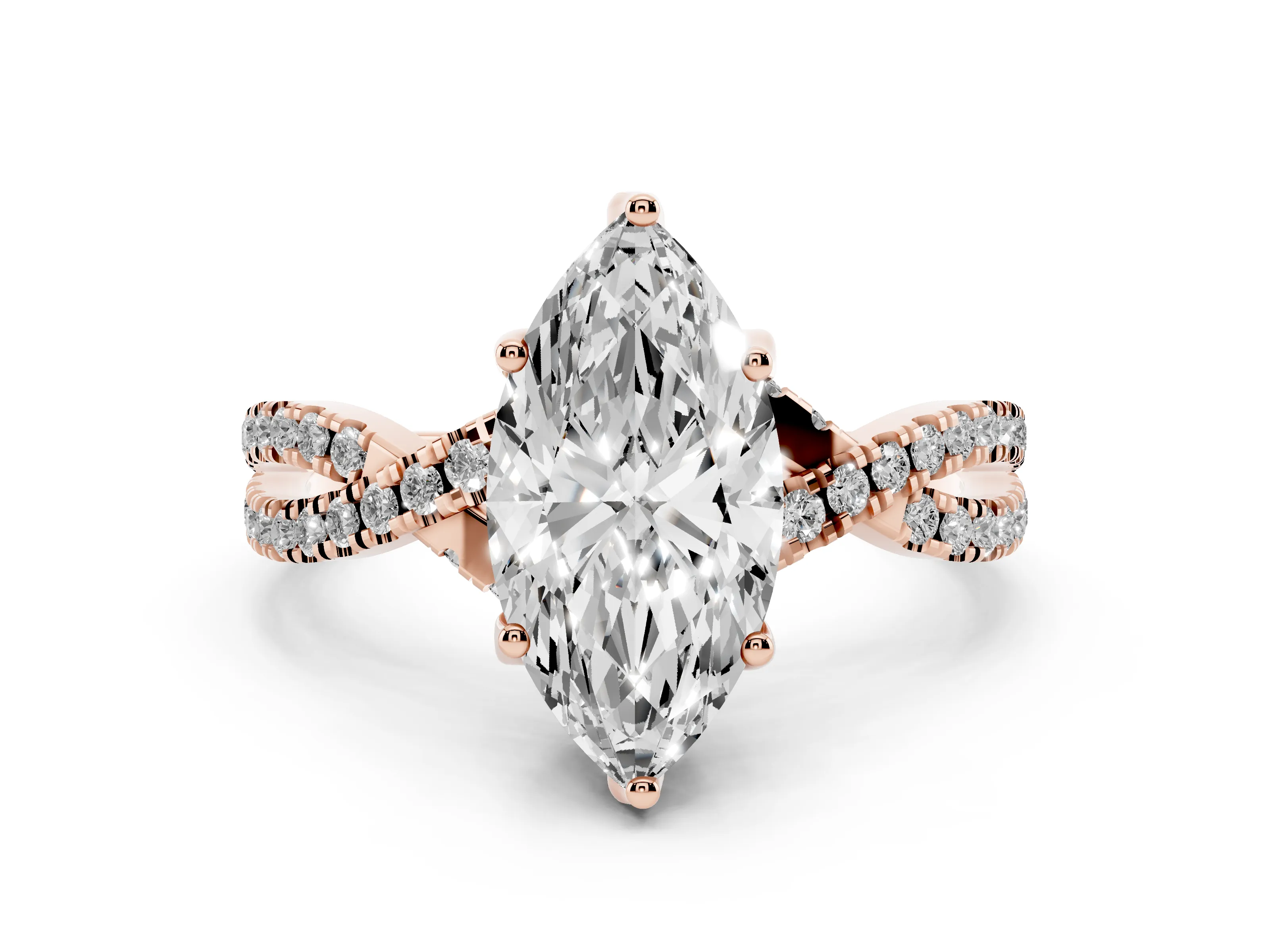 Marquise Cut Diamond Twist Pavé Solitaire Engagement Ring Set in Rose gold with Prong Setting