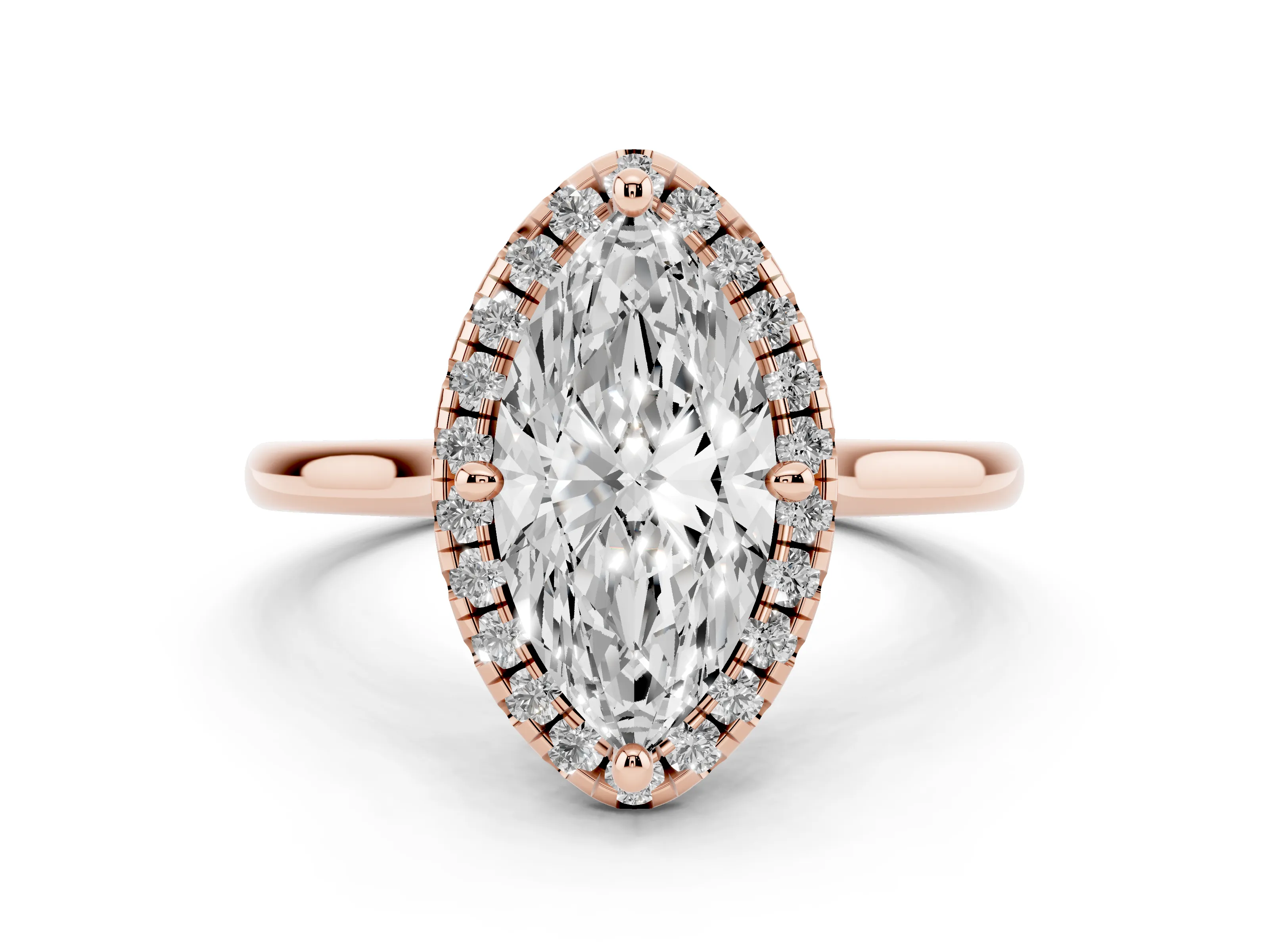 Marquise Cut Diamond Halo Engagement Ring Set in Rose gold with Pavé Band and Rising Shoulders