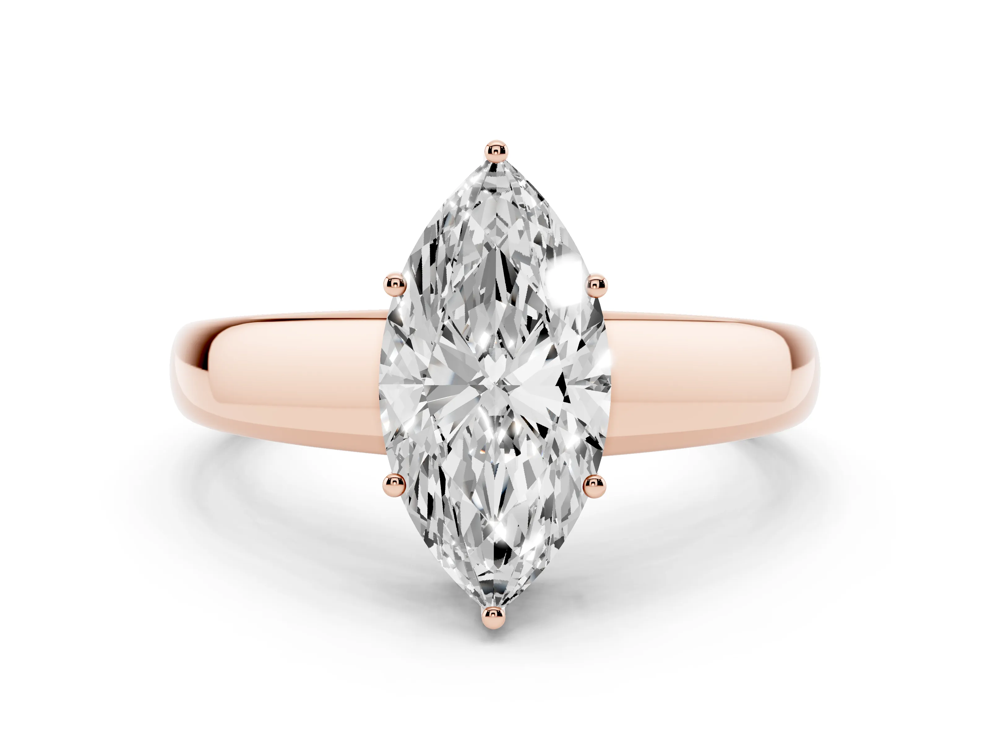 Marquise Cut Diamond Solitaire Ring Set in Rose gold with Tapered Band and Prong Setting