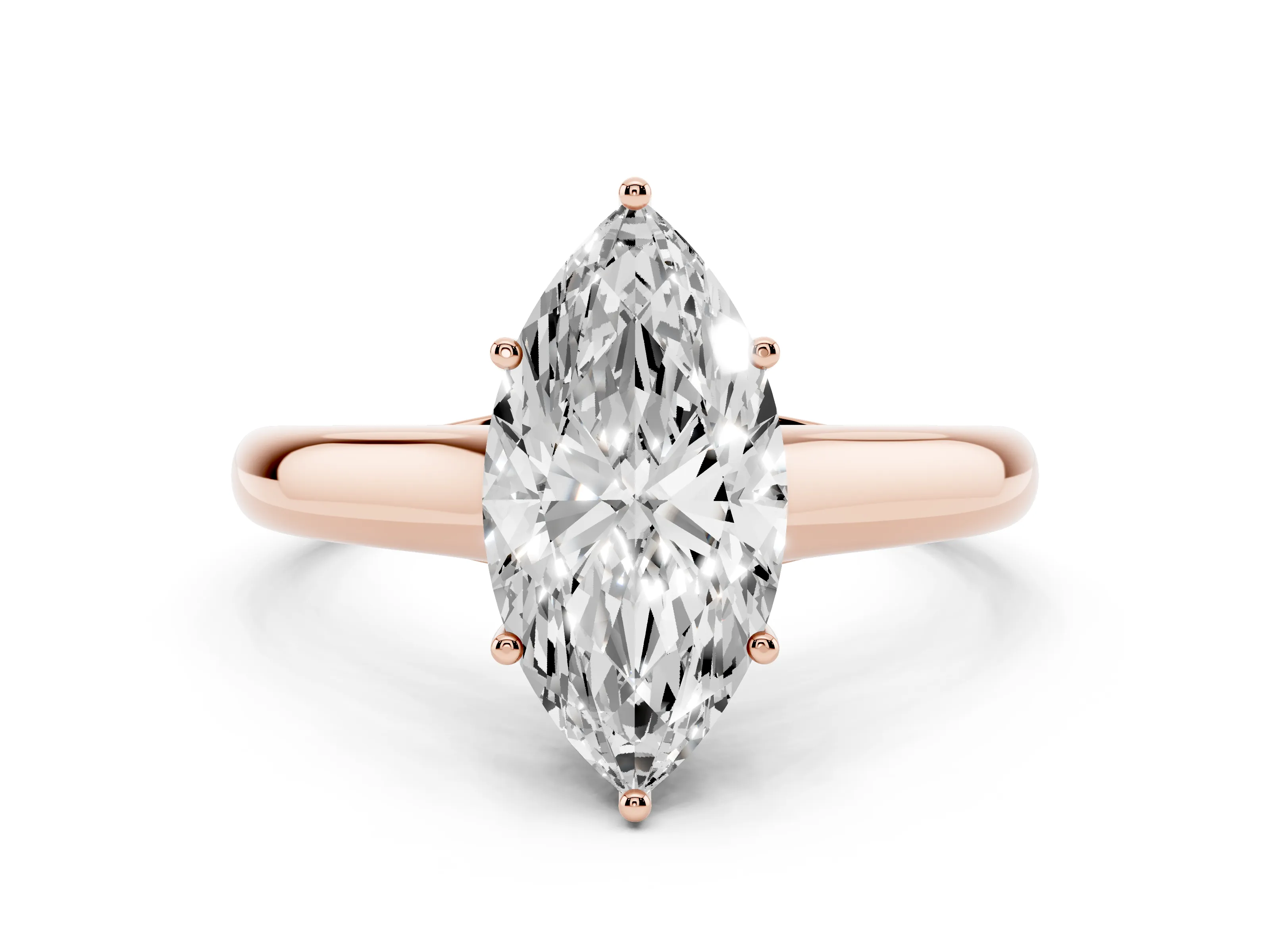 Marquise Cut Diamond Solitaire Engagement Ring Set in Rose gold with Subtly Tapered Band and Prong Setting