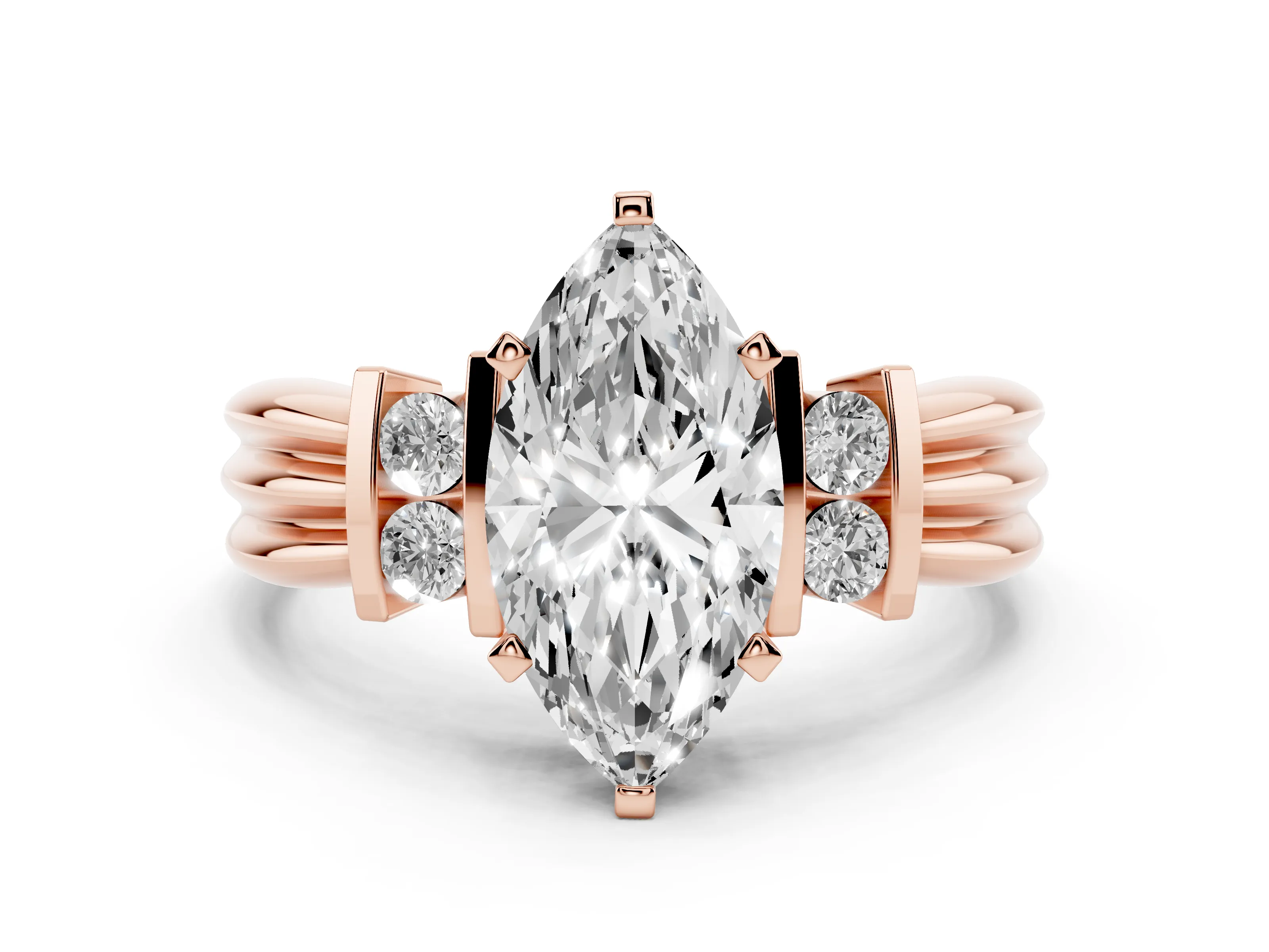 Three-Stone Marquise Cut Diamond Channel Set Ring Set in Rose gold with Bar Prongs