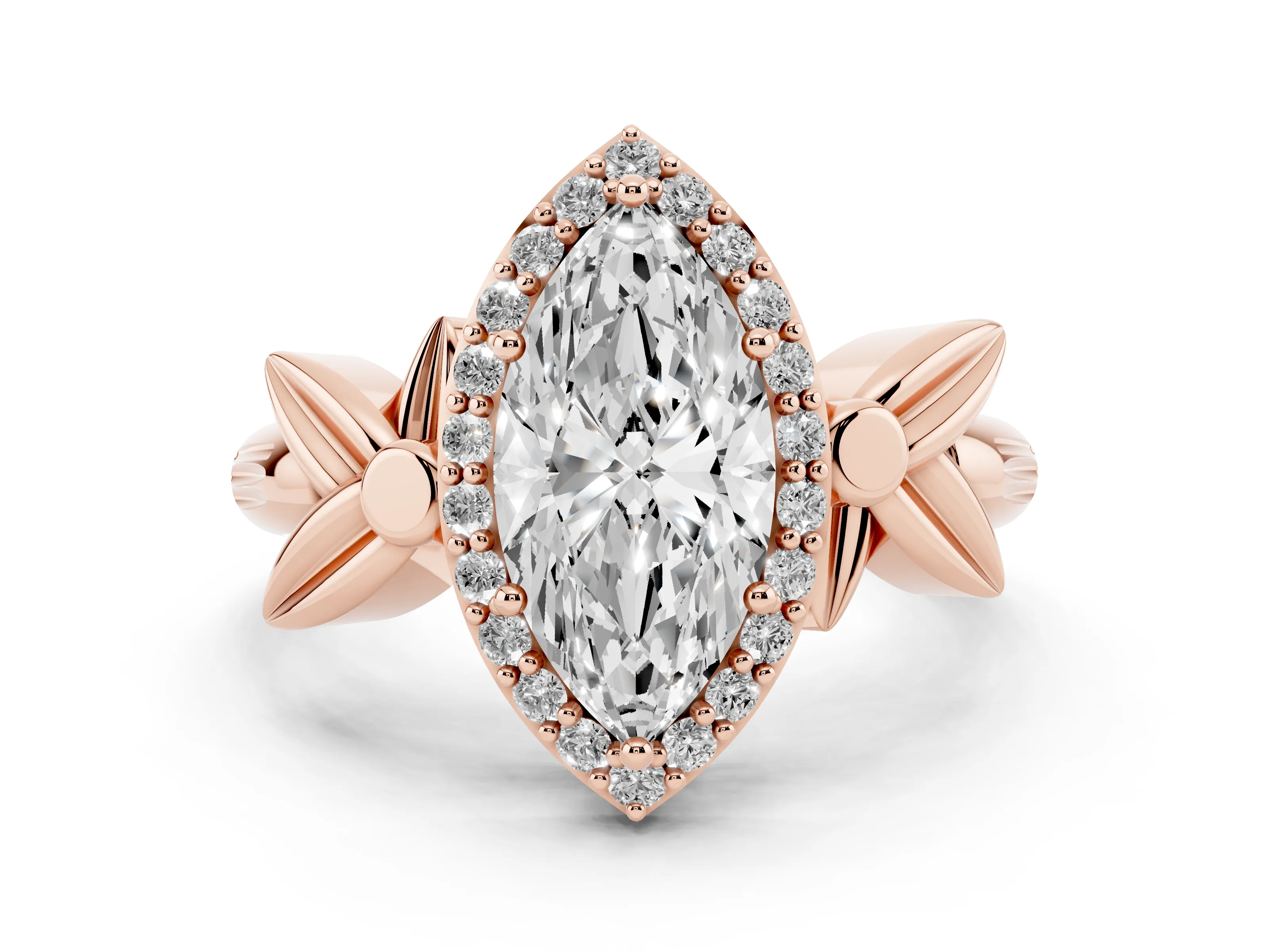 Marquise Cut Diamond Halo Floral Band Ring Set in Rose gold with Prong Setting