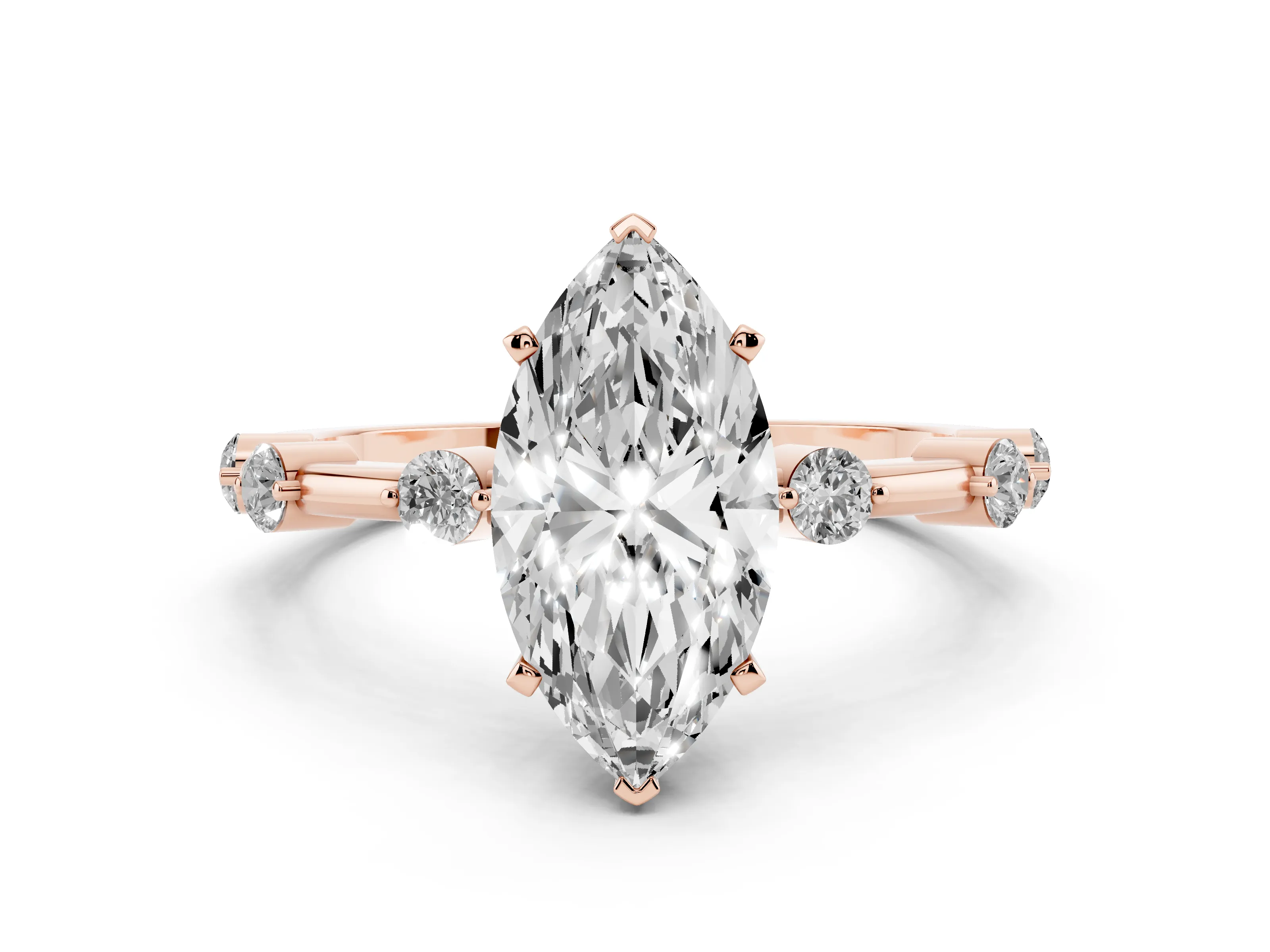 Marquise Cut Diamond Solitaire Ring Set in Rose gold with Bezel Set Side Stones and Prong Setting