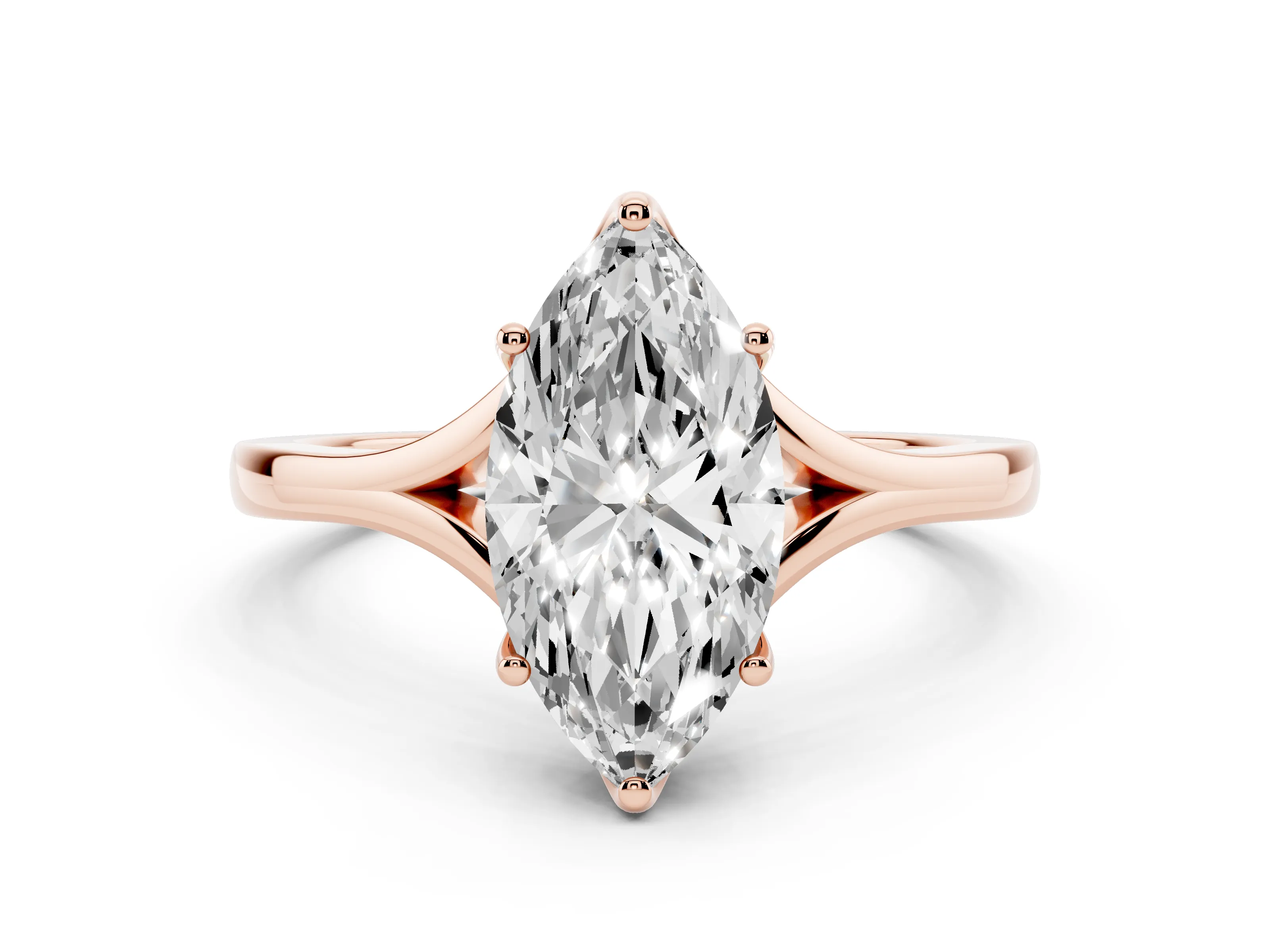 Marquise Cut Diamond Solitaire Ring Set in Rose gold with Polished Tapered Band and Prong Setting