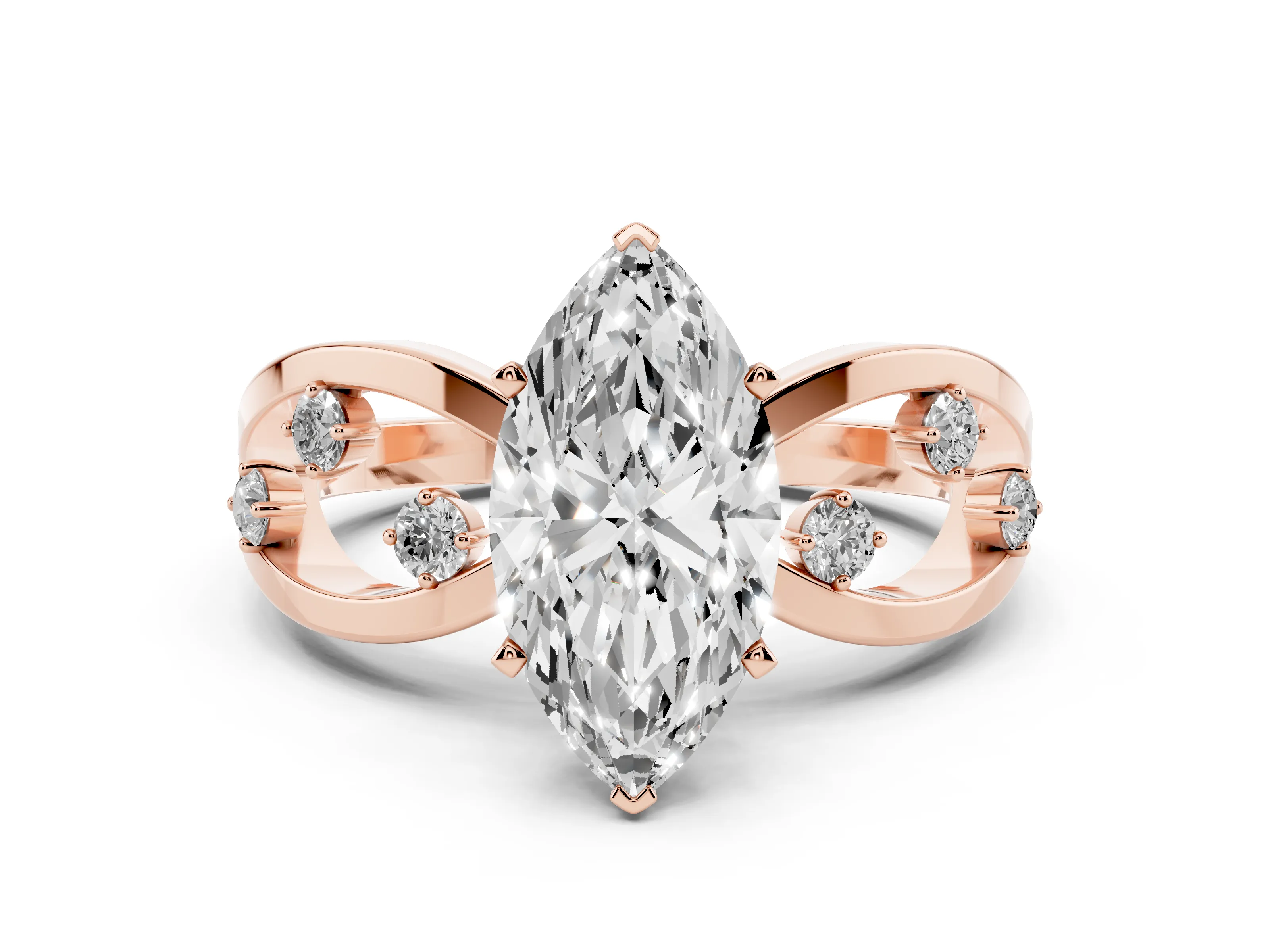 Marquise Cut Diamond Solitaire Ring Set in Rose gold with Side Stones on Criss-Cross Band and Prong Setting