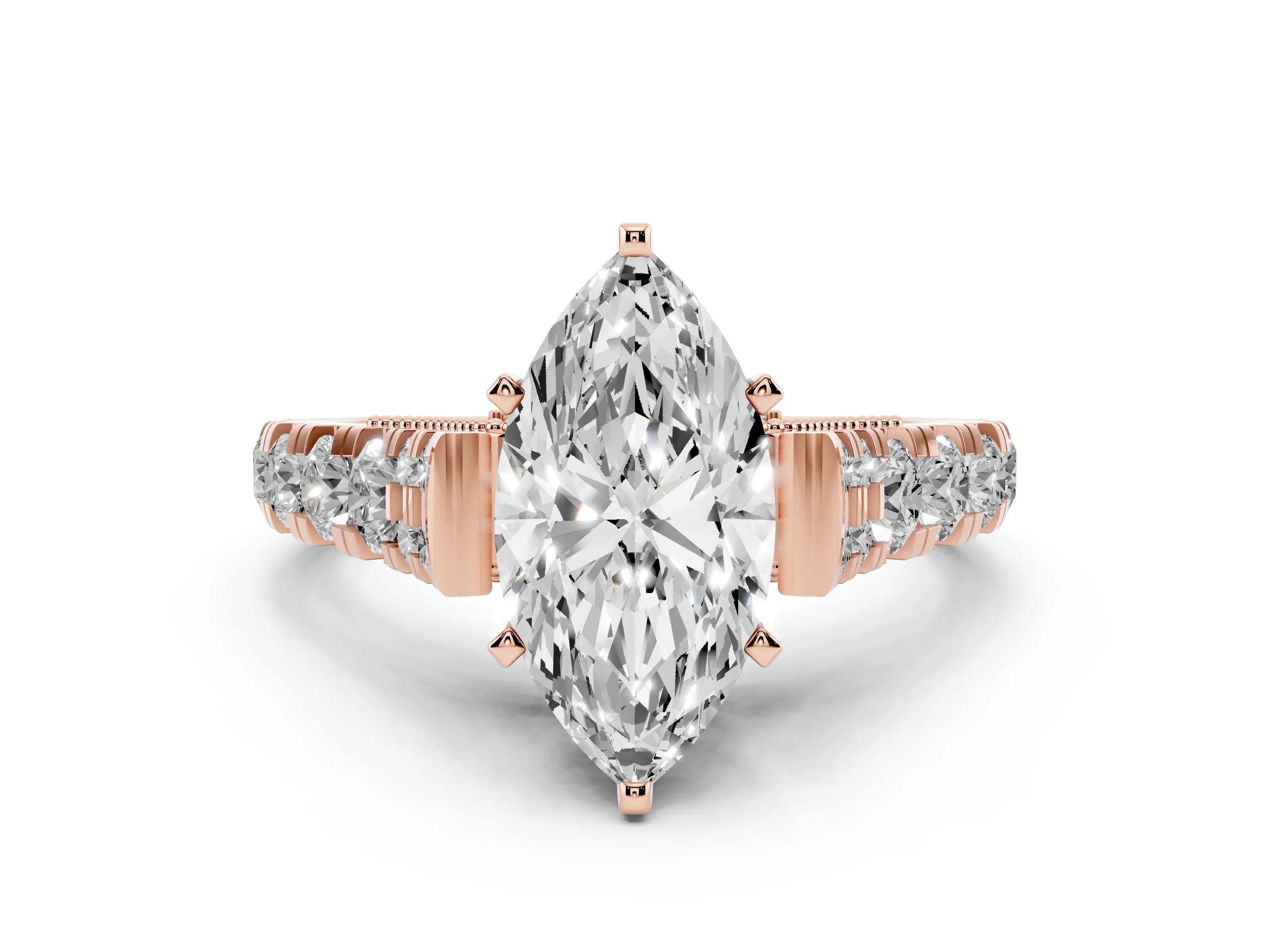 Marquise Cut Diamond Classic Solitaire Ring Set in Rose gold with Pavé Band and Prong Setting