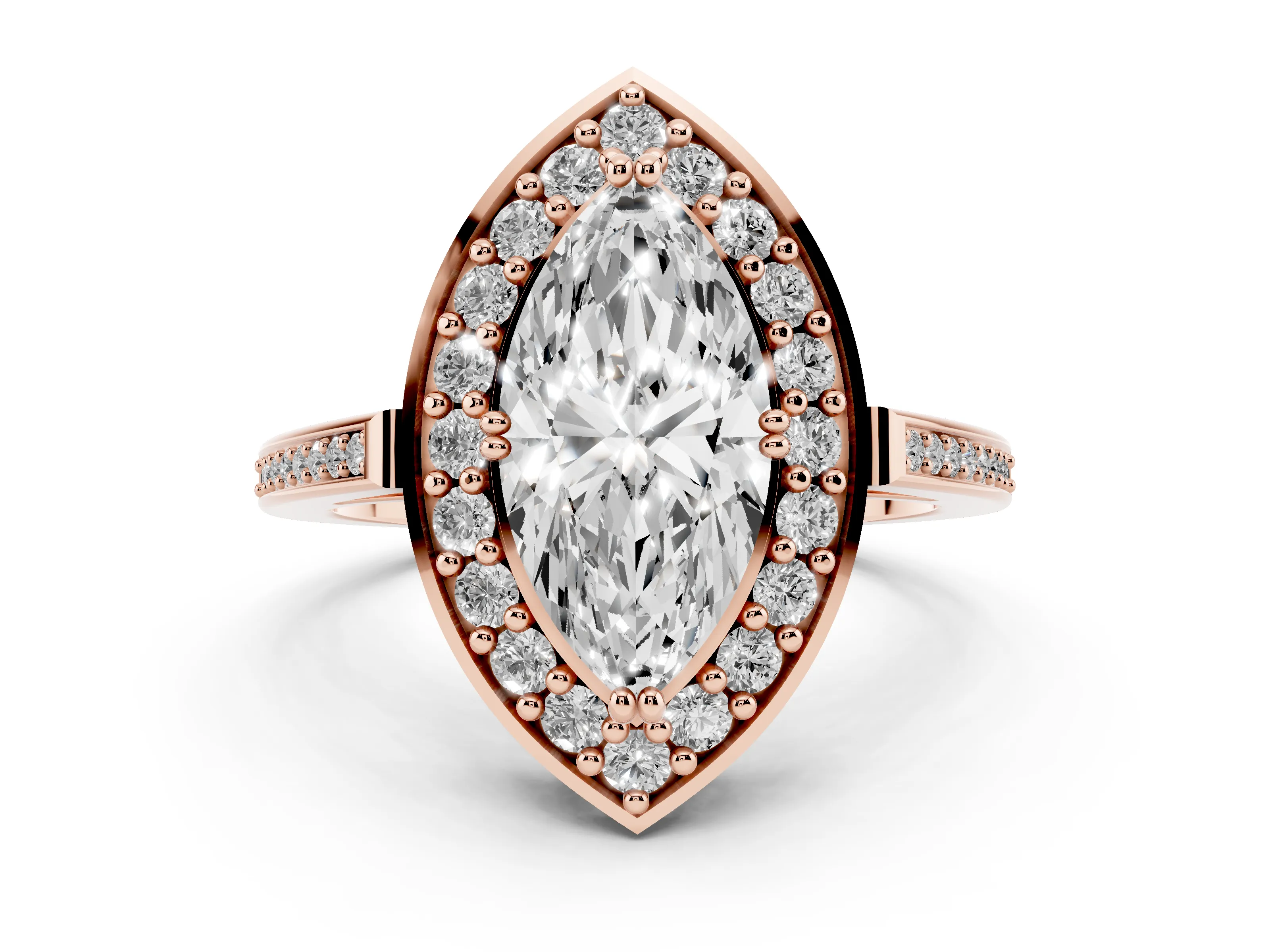 Marquise Cut Diamond Halo Ring Set in Rose gold with Accent-Lined Split Shank and Prong Setting