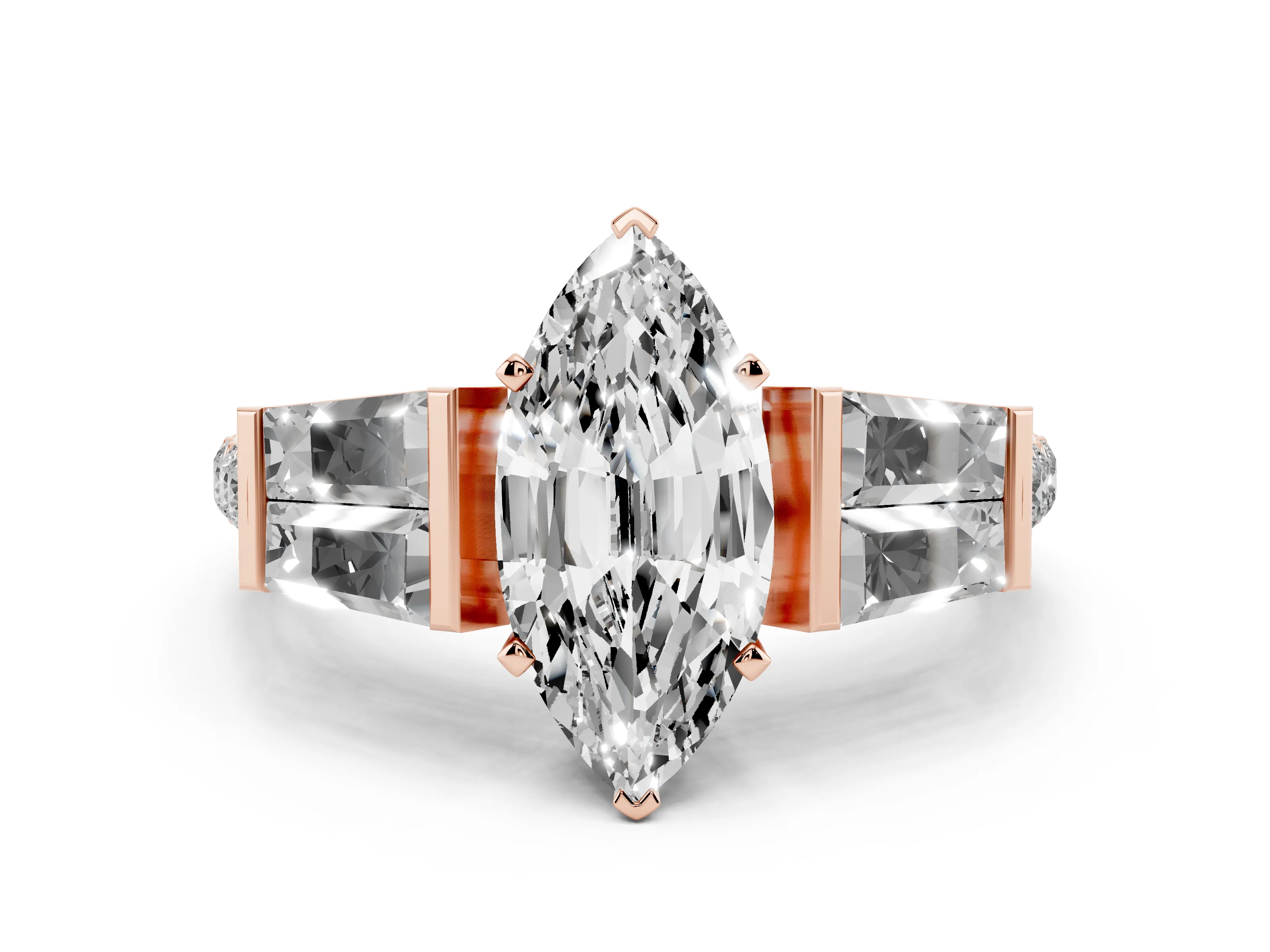 Marquise Cut Diamond Engagement Ring Set in Rose gold with Baguette Side Stones and Channel Set Band