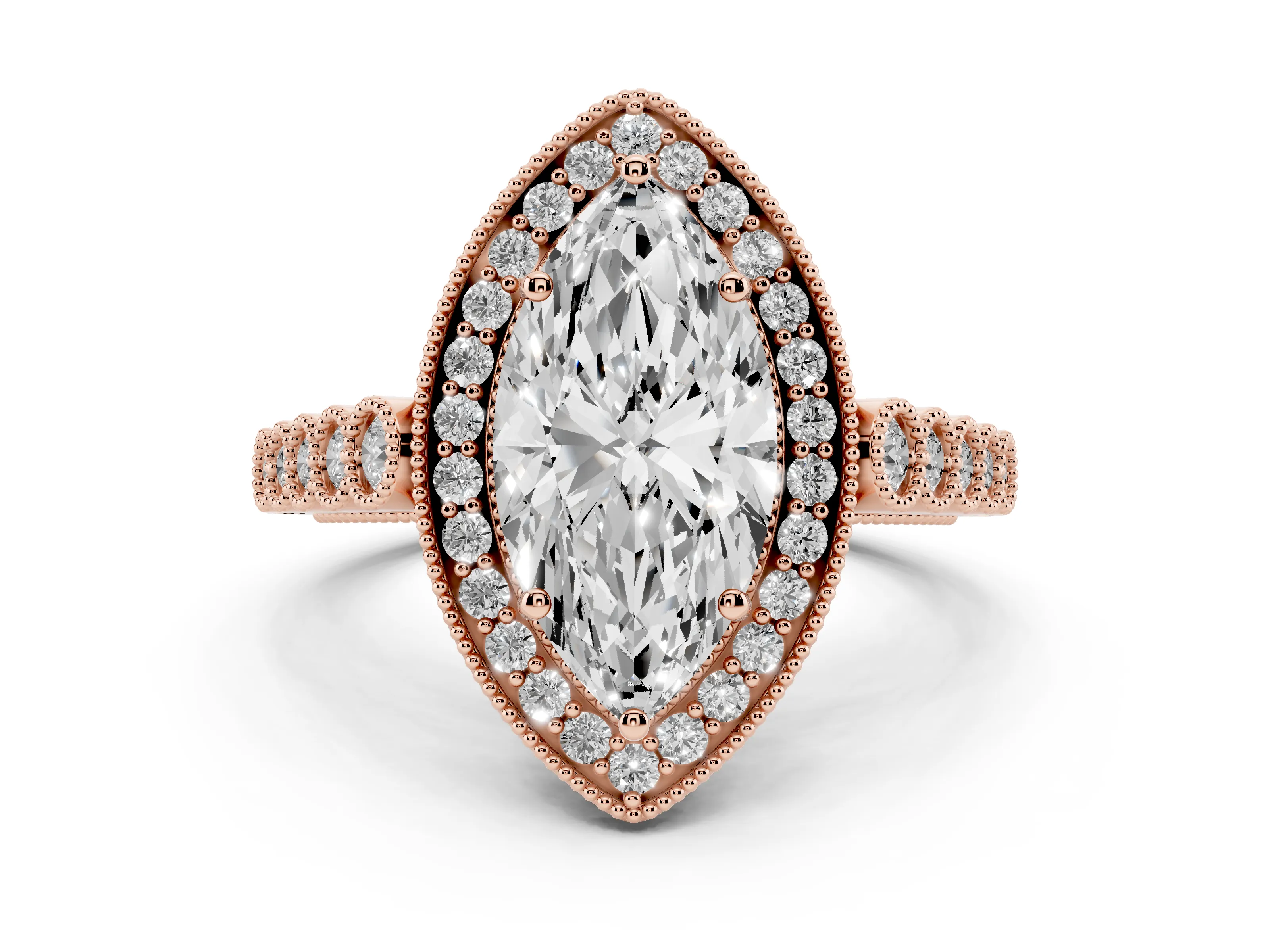 Marquise Cut Diamond Milgrain Halo Solitaire Ring Set in Rose gold with Bezel Set Side Stones and Pavé Band