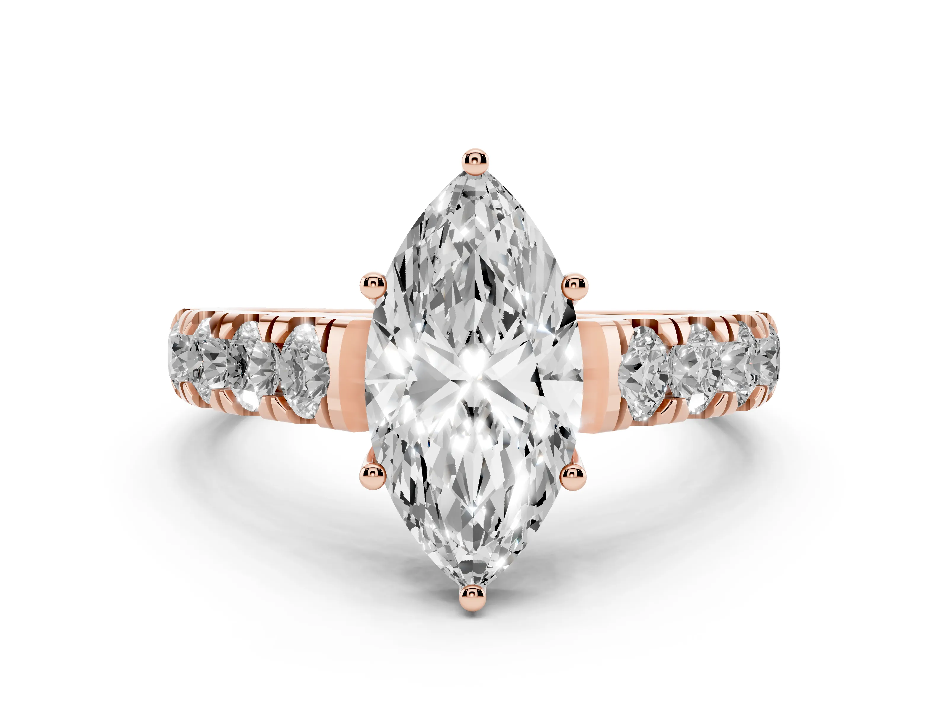 Marquise Cut Diamond Solitaire Ring Set in Rose gold with Cut-Down Micro Pavé Band and Prong Setting