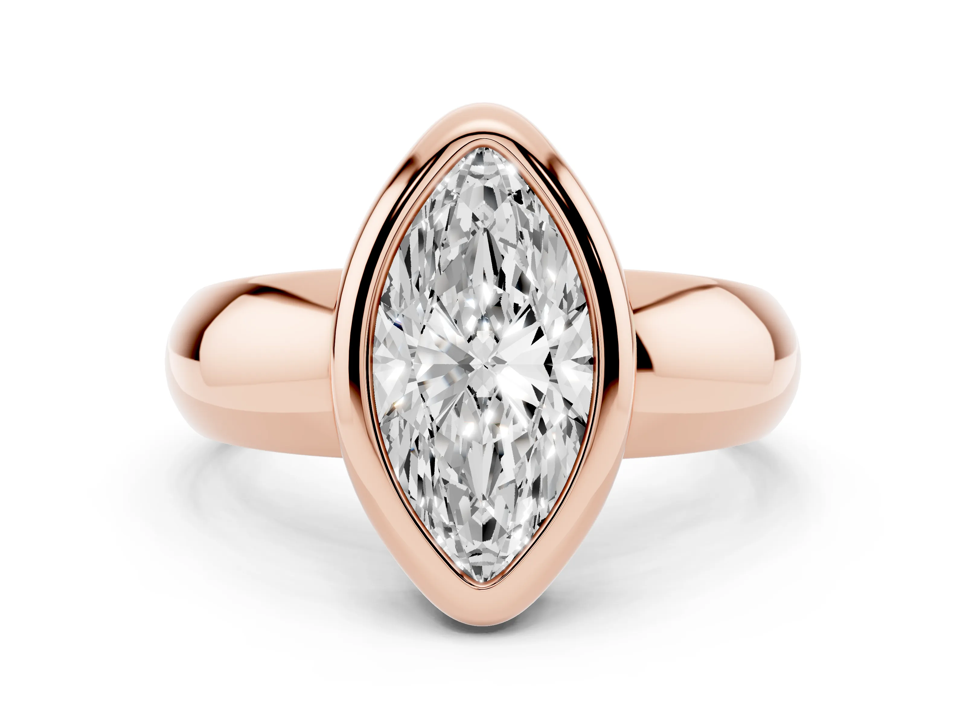 Bezel Set Marquise Cut Diamond Solitaire Ring Set in Rose gold with Wide Band