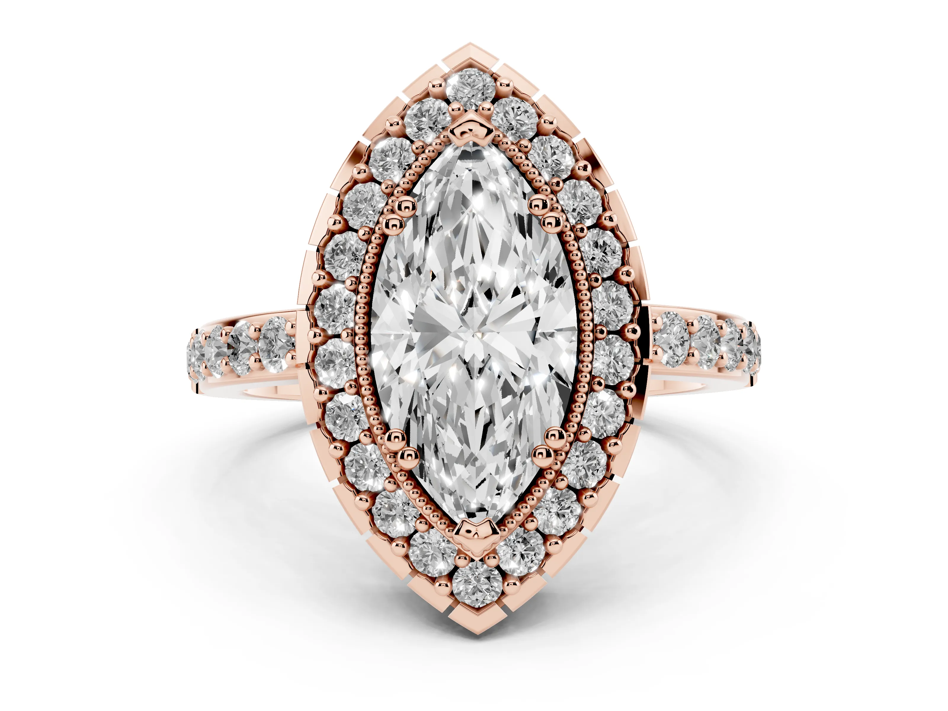 Marquise Cut Diamond Halo Ring Set in Rose gold with Pavé Shank and Prong Setting