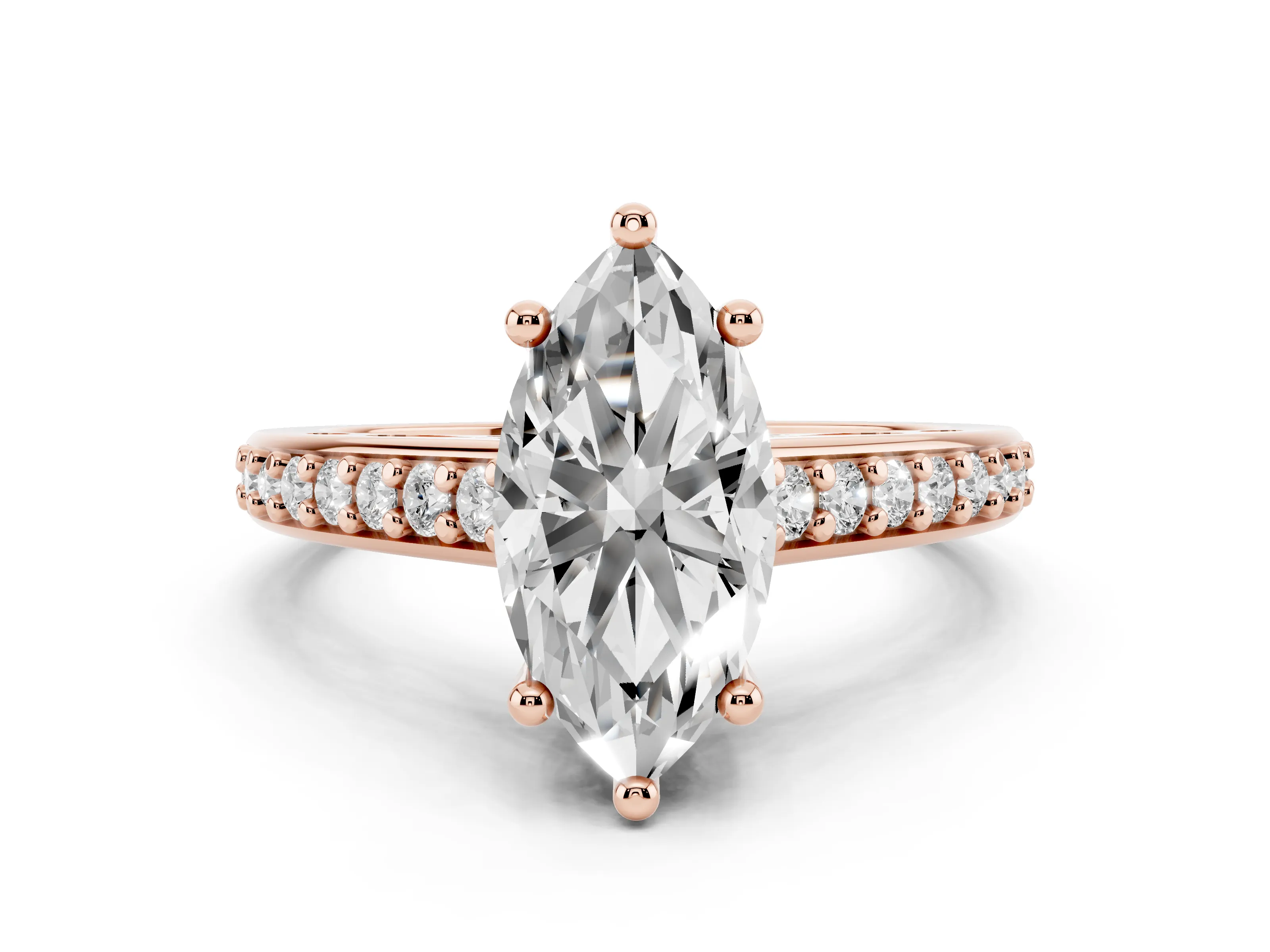 Marquise Cut Diamond Prong Set Solitaire Engagement Ring Set in Rose gold with Pavé Band