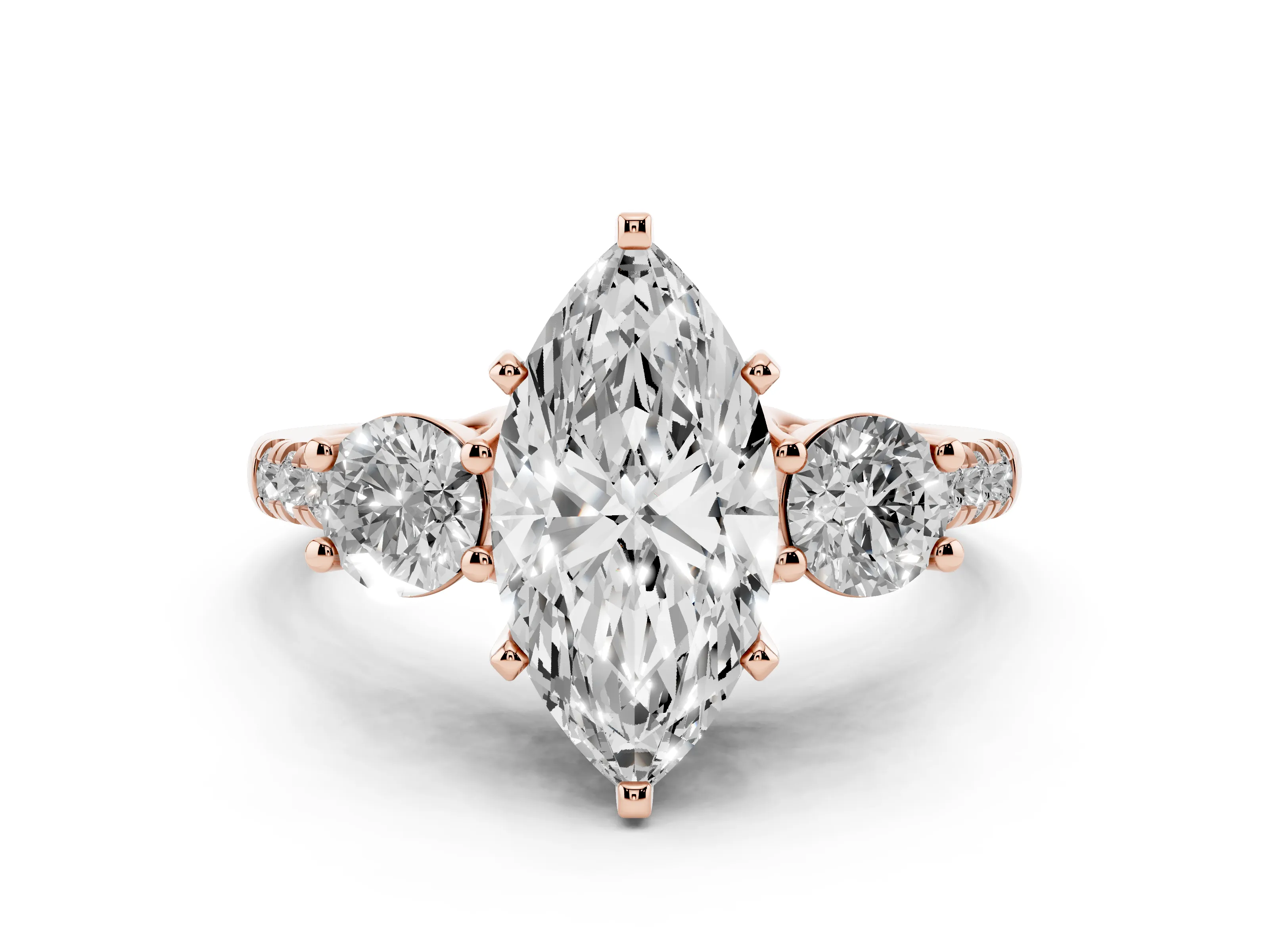 Three-Stone Marquise Cut Diamond Pavé Band Ring Set in Rose gold with Prong-Set Trio