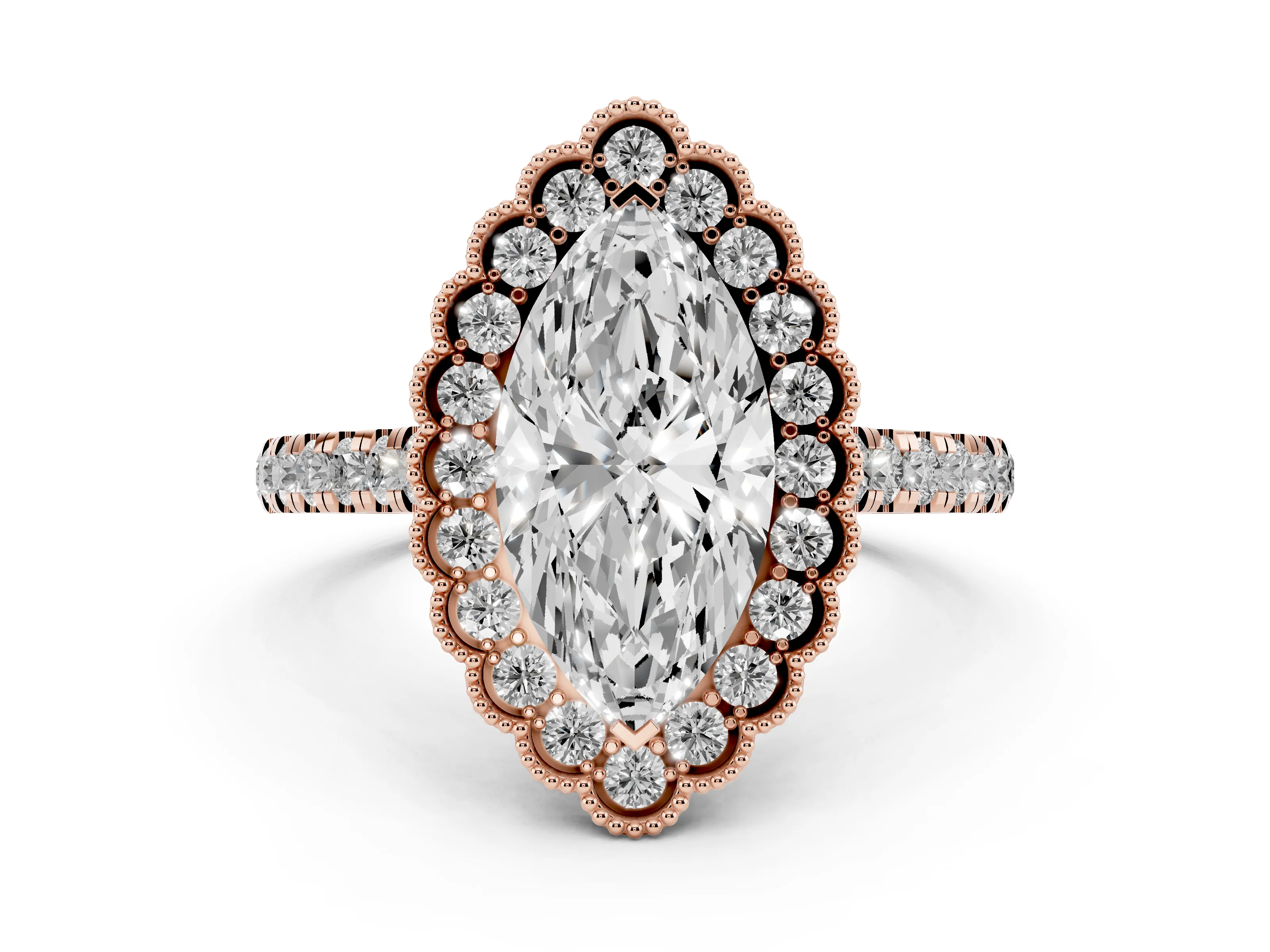 Marquise Cut Diamond Milgrain Floral Halo Engagement Ring Set in Rose gold with Pavé Band