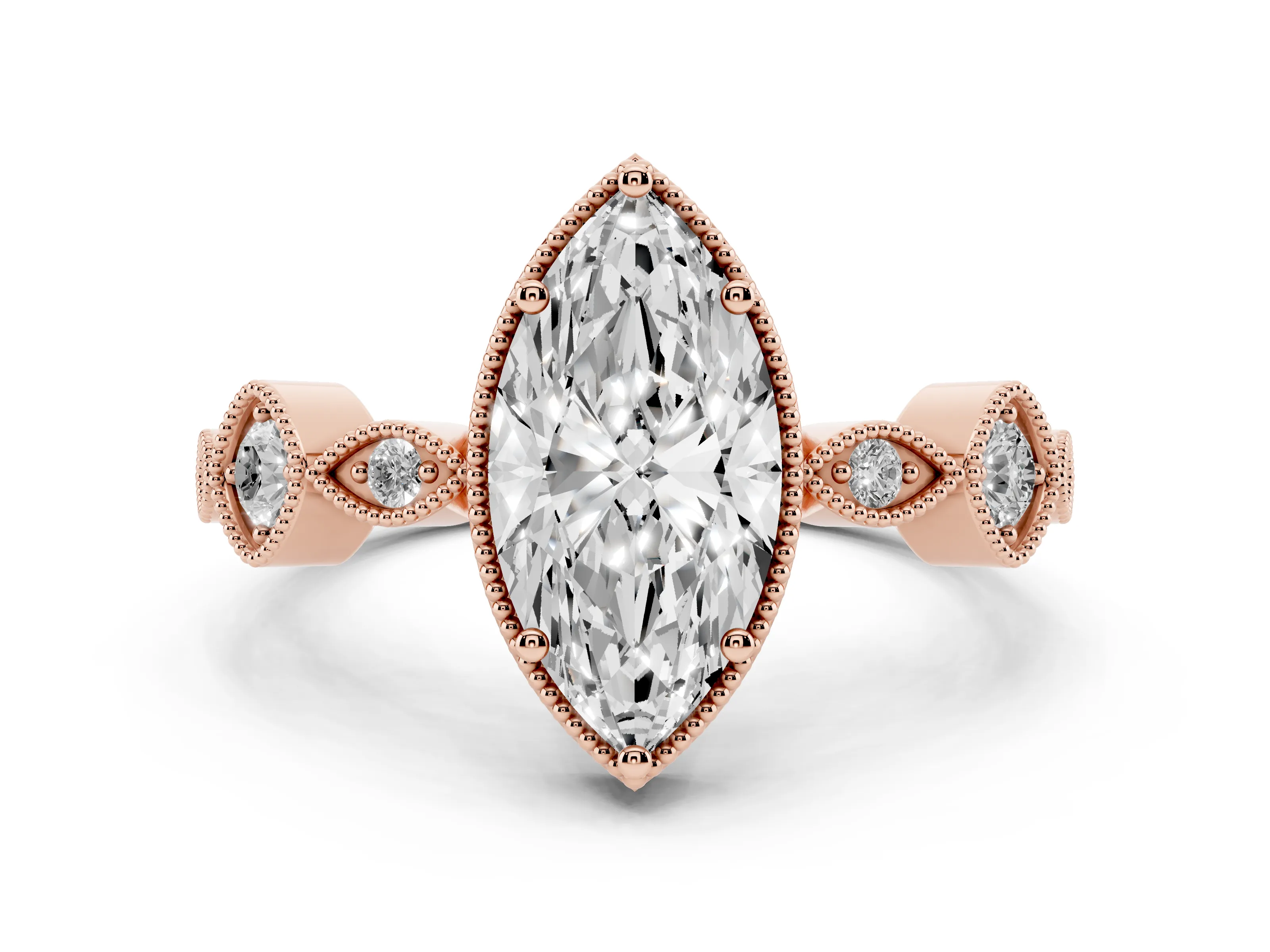 Marquise Cut Diamond Vintage-Inspired Milgrain Ring Set in Rose gold with Marquise Stations of Round Accents