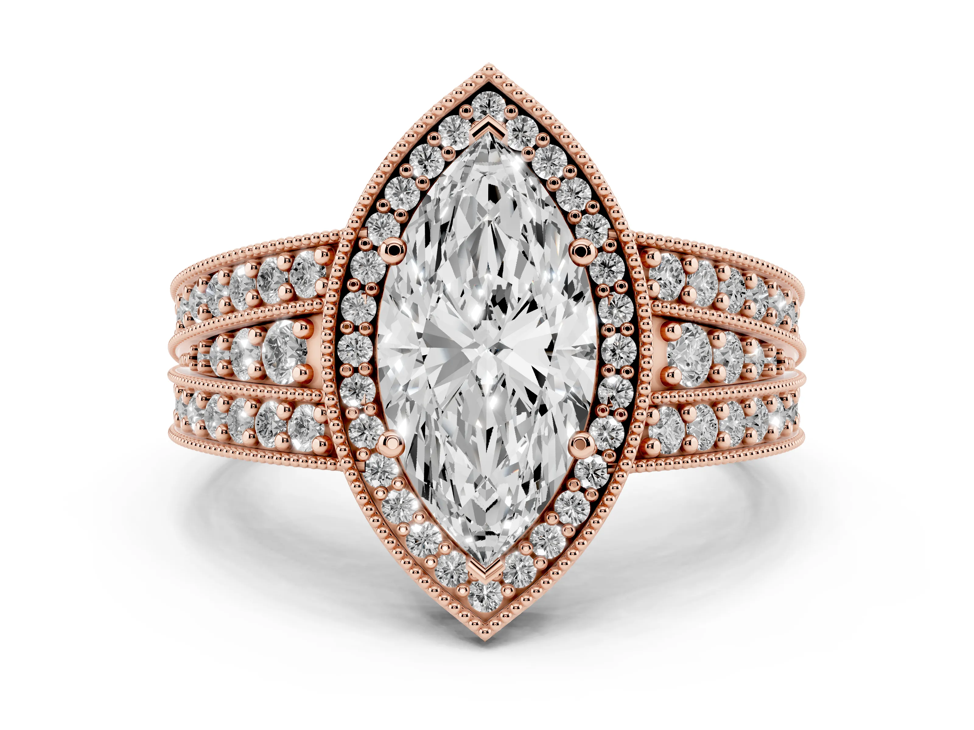 Marquise Cut Diamond Halo Ring Set in Rose gold with Accent Split Shank and Prong Setting