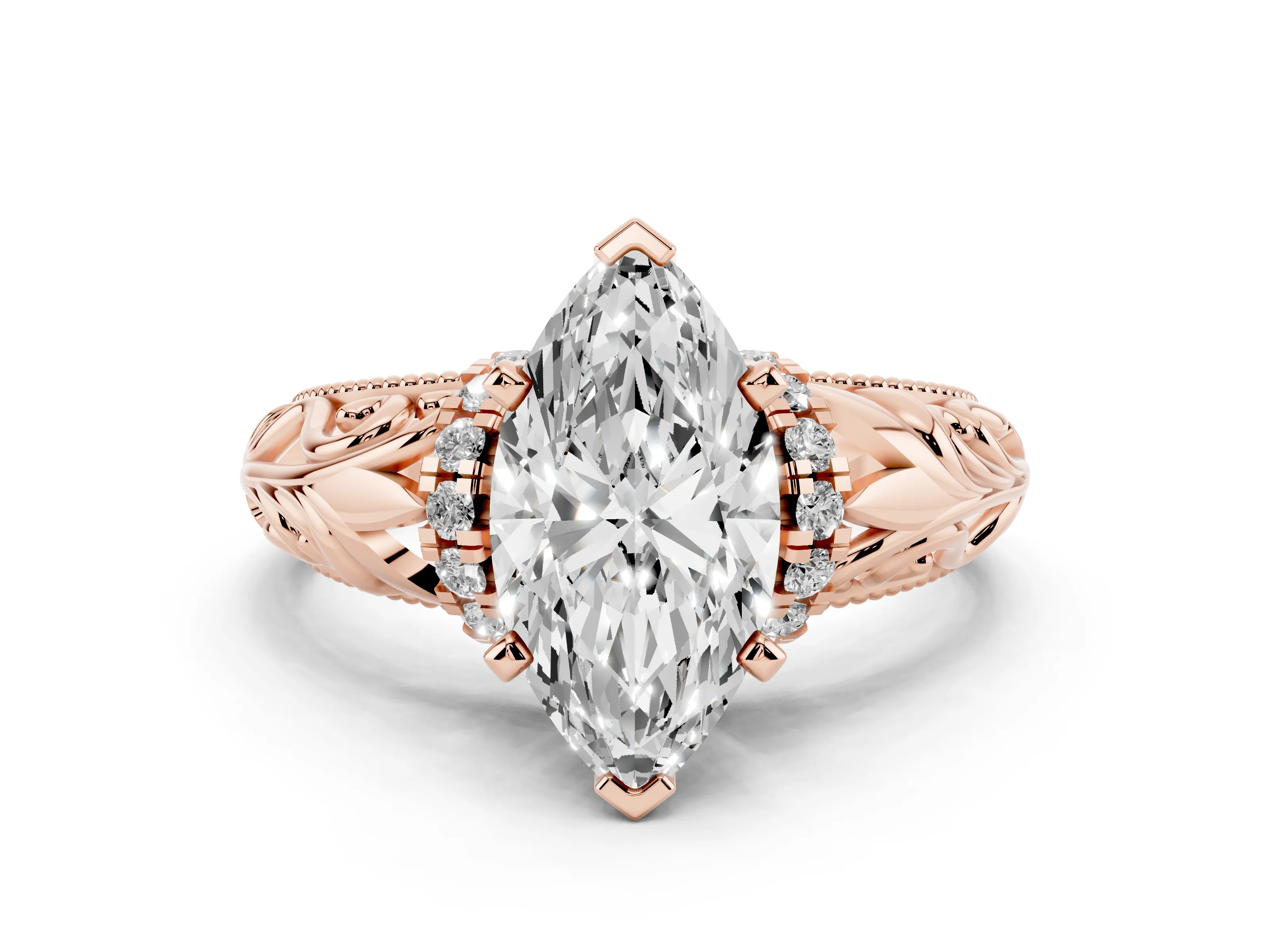 Marquise Cut Diamond Filigree Halo Engagement Ring Set in Rose gold with Prong Setting