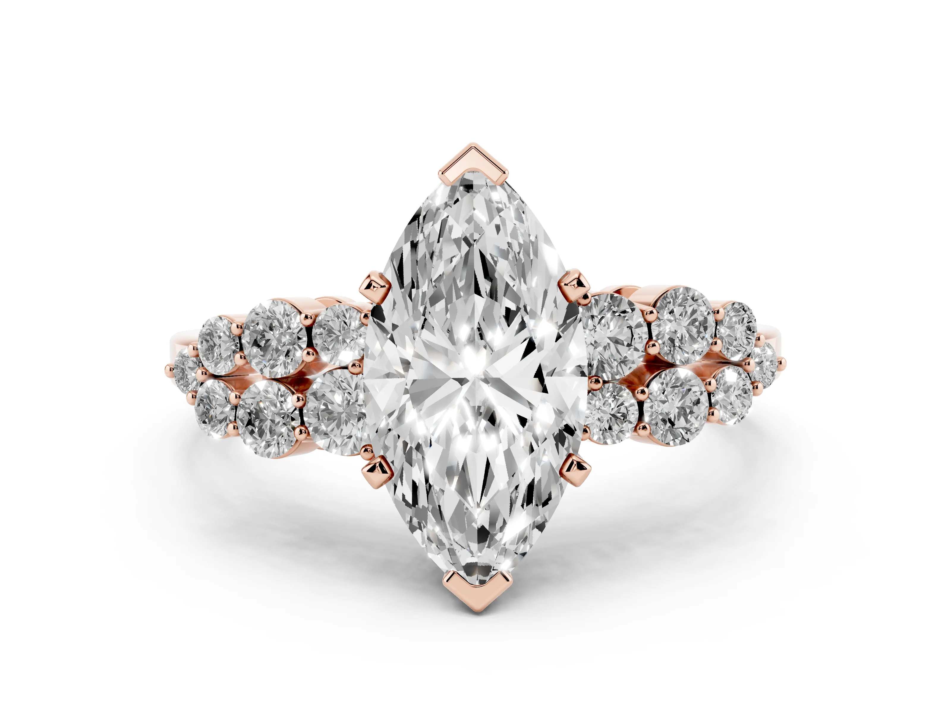Marquise Cut Diamond Cluster Engagement Ring Set in Rose gold with Pavé Band and Prong Setting