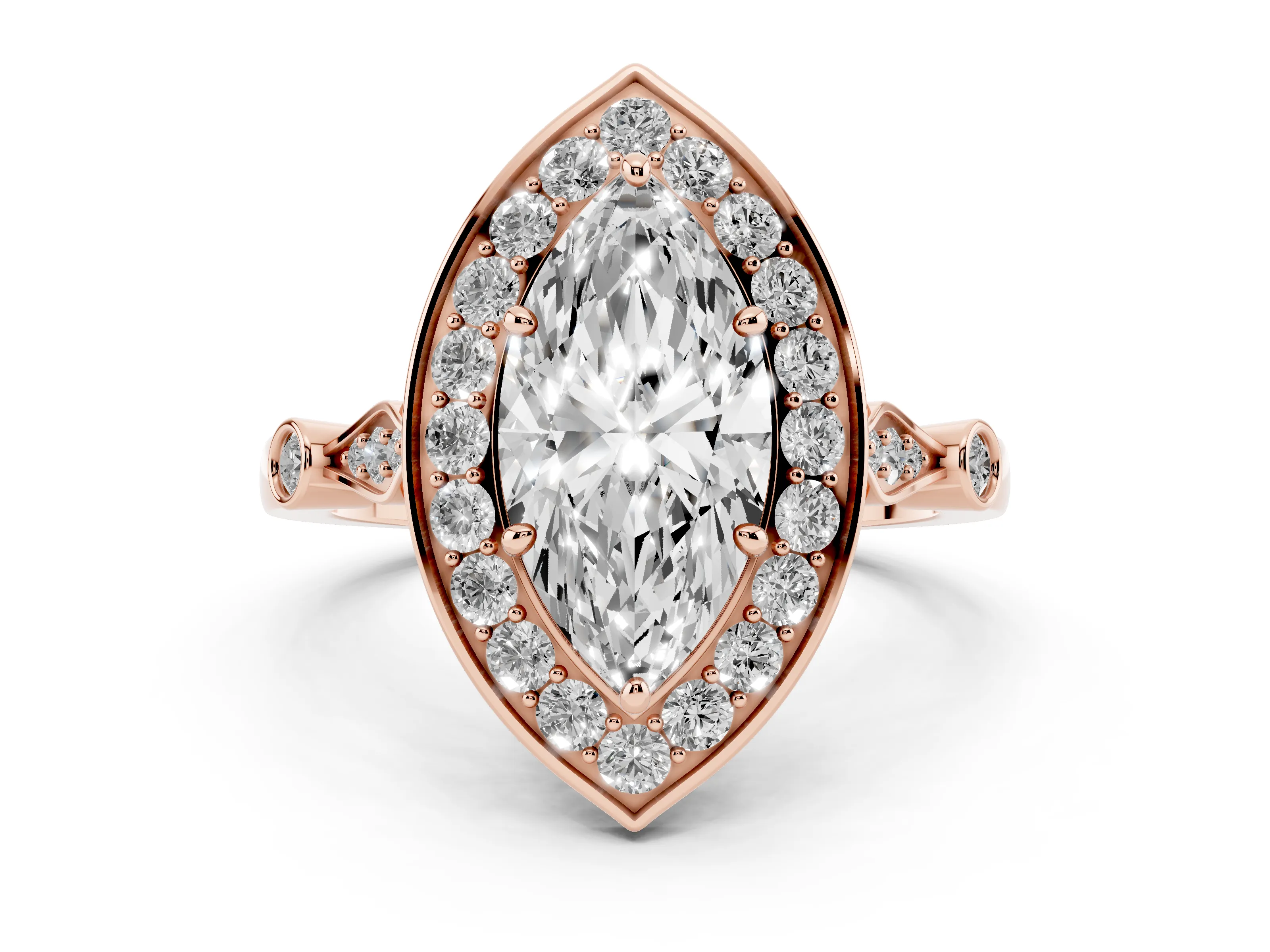 Marquise Cut Diamond Halo Engagement Ring Set in Rose gold with Twisted Band and Prong Setting