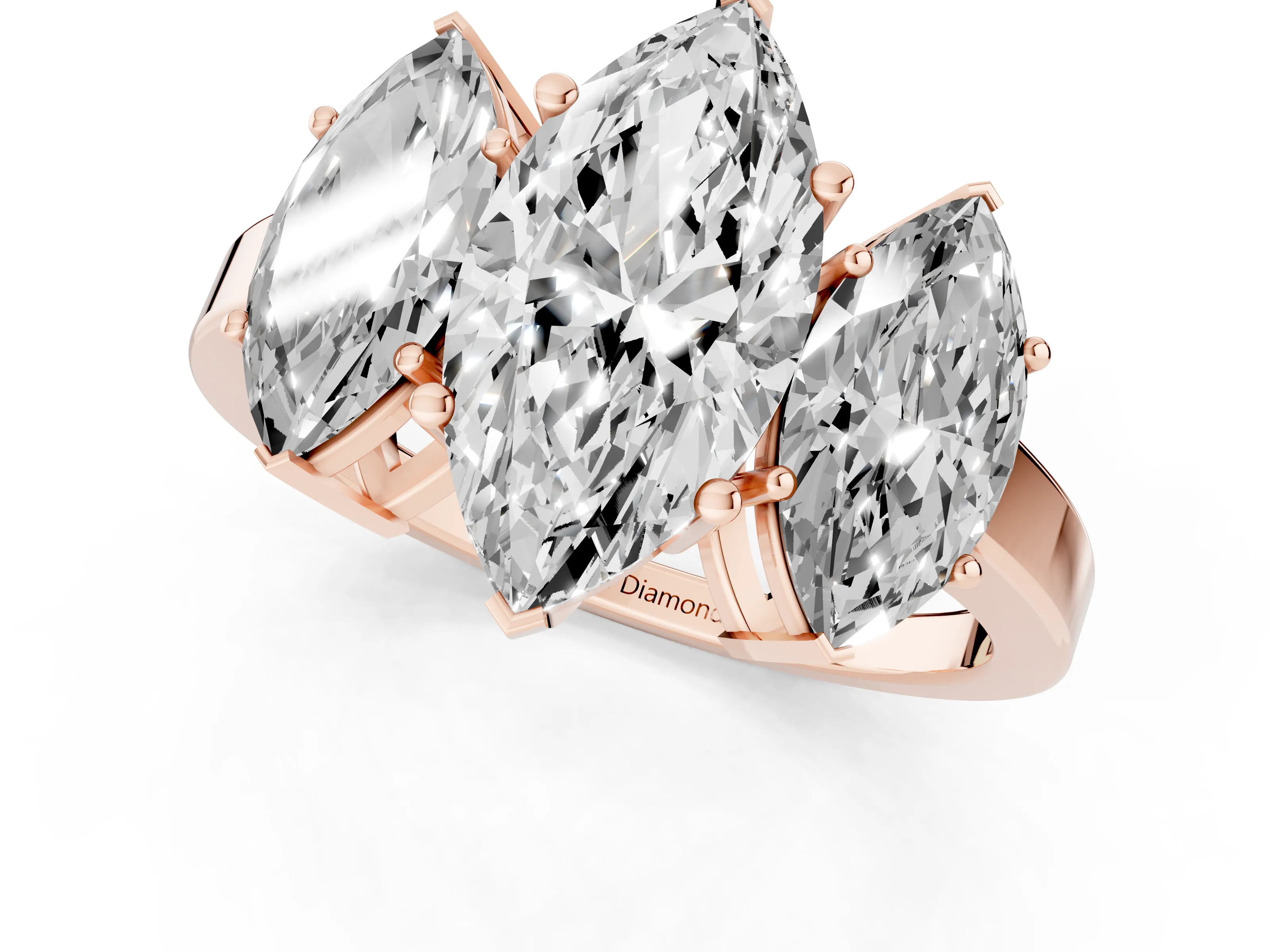 Marquise Cut Diamond Three-Stone Engagement Ring Set in Rose gold with Flat Band