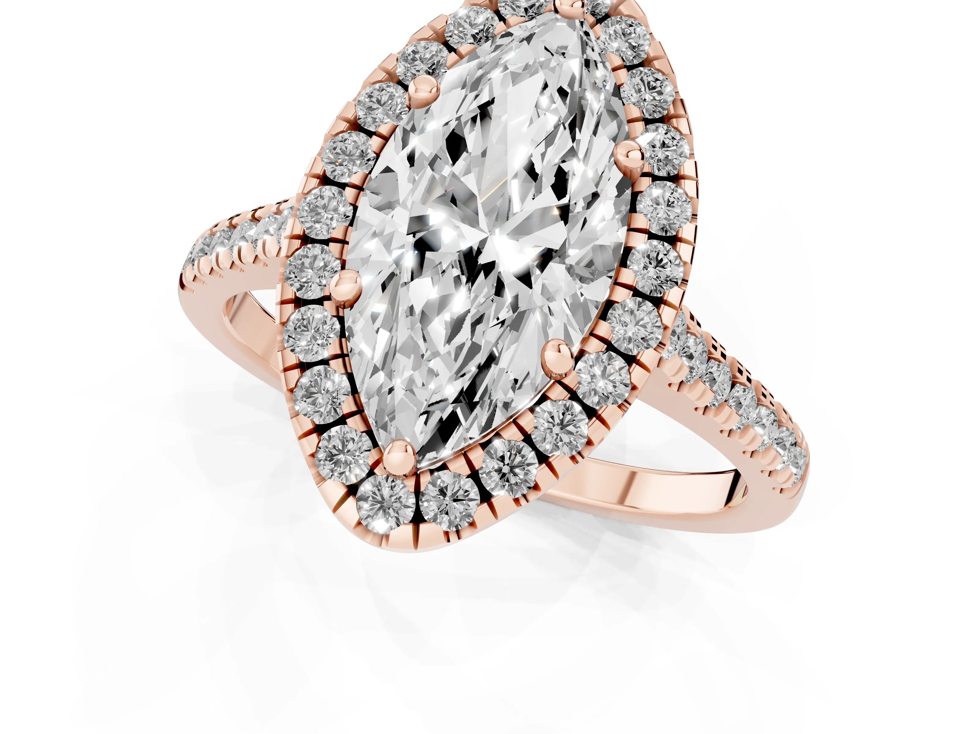 Marquise Cut Diamond Cushion Halo Ring Set in Rose gold with Pavé Band