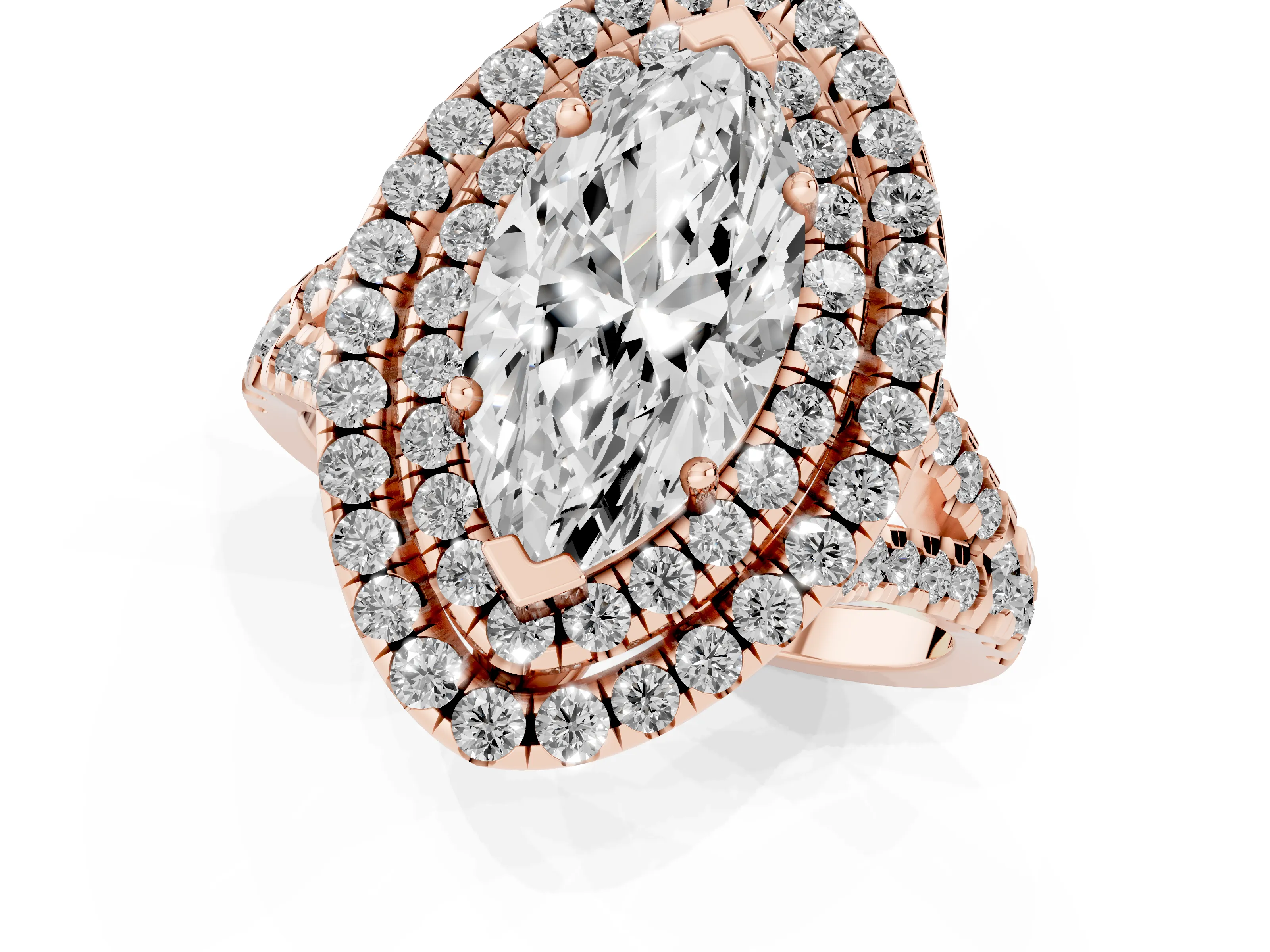 Marquise Cut Diamond Double Halo Ring Set in Rose gold with Pavé Split Shank and Prong Setting