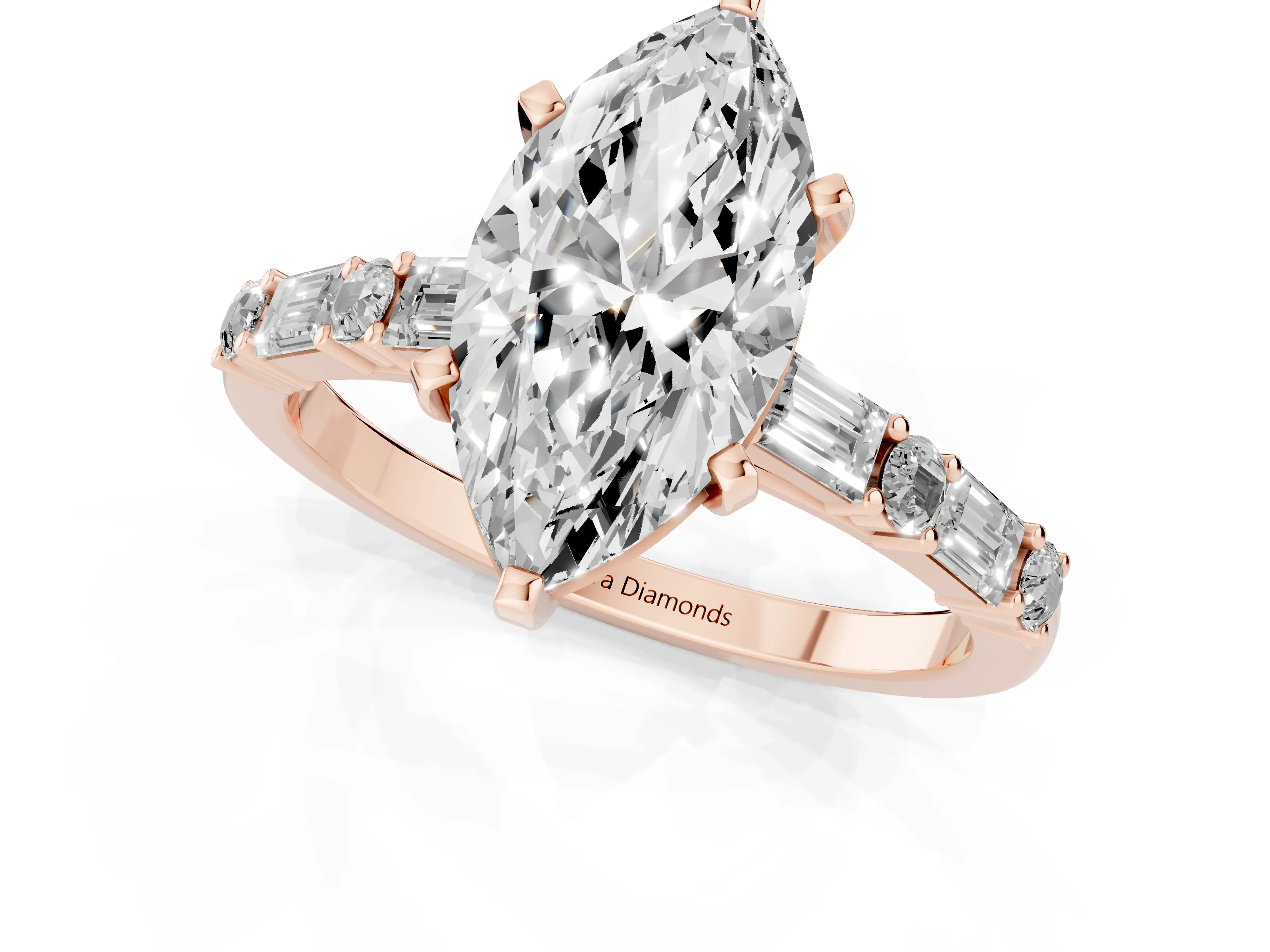 Marquise Cut Diamond Solitaire Set in Rose gold with Side Baguettes and Channel Set Band